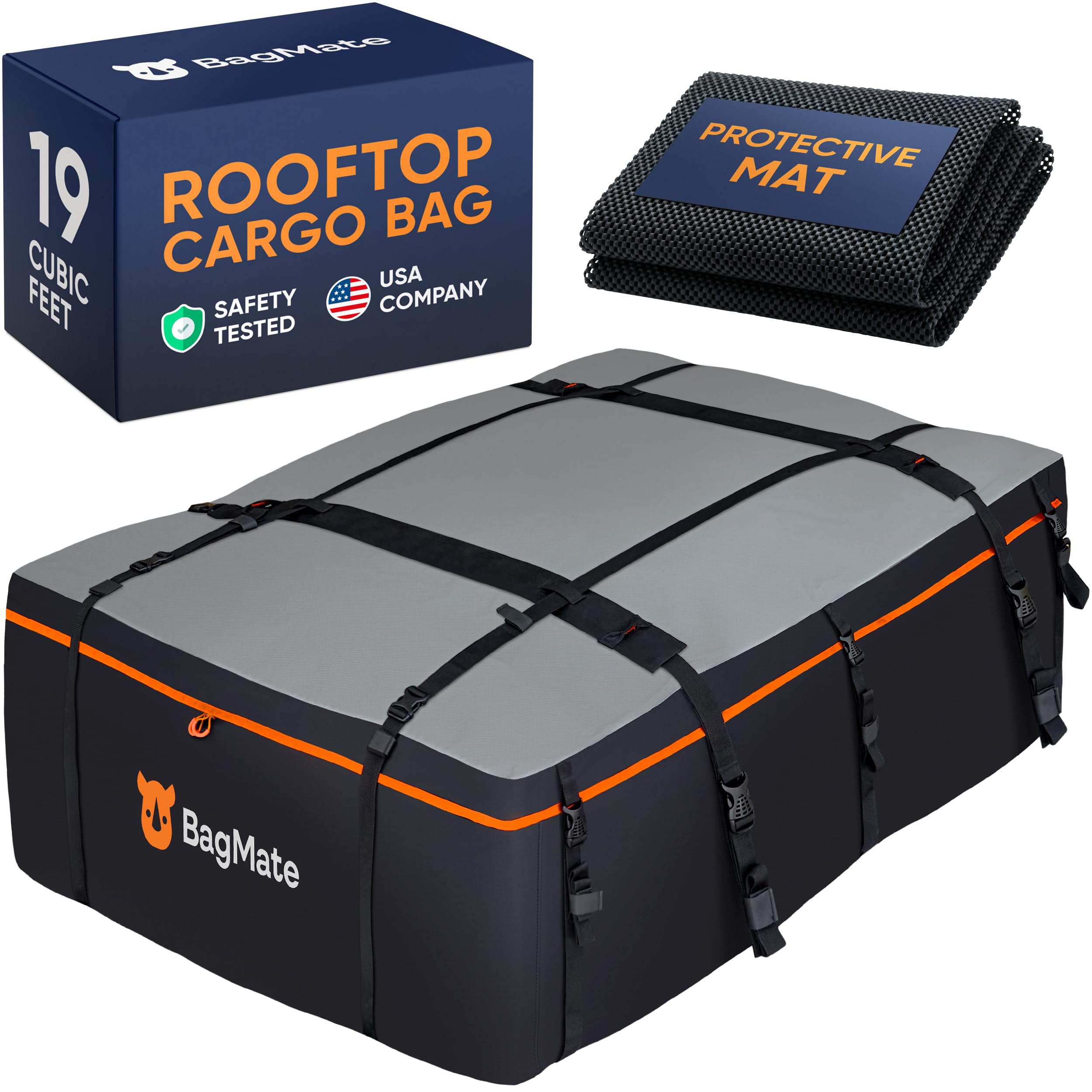 19 Cubic Feet Roof Bag – Safety Tested Heavy-Duty Waterproof Rooftop Cargo Carrier for All Cars & SUVs (with or Without Rack) – Includes Protective Mat & Storage Bag – Military-Grade 840D PVC