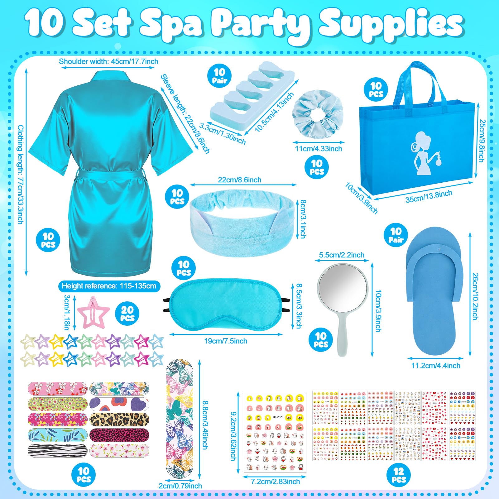 Kit da 122 pezzi blu per feste spa per ragazze, confezione da 10 bomboniere per pigiama con accappatoi in raso, borse e accessori per saloni di bellezza per bambini, spa, compleanni