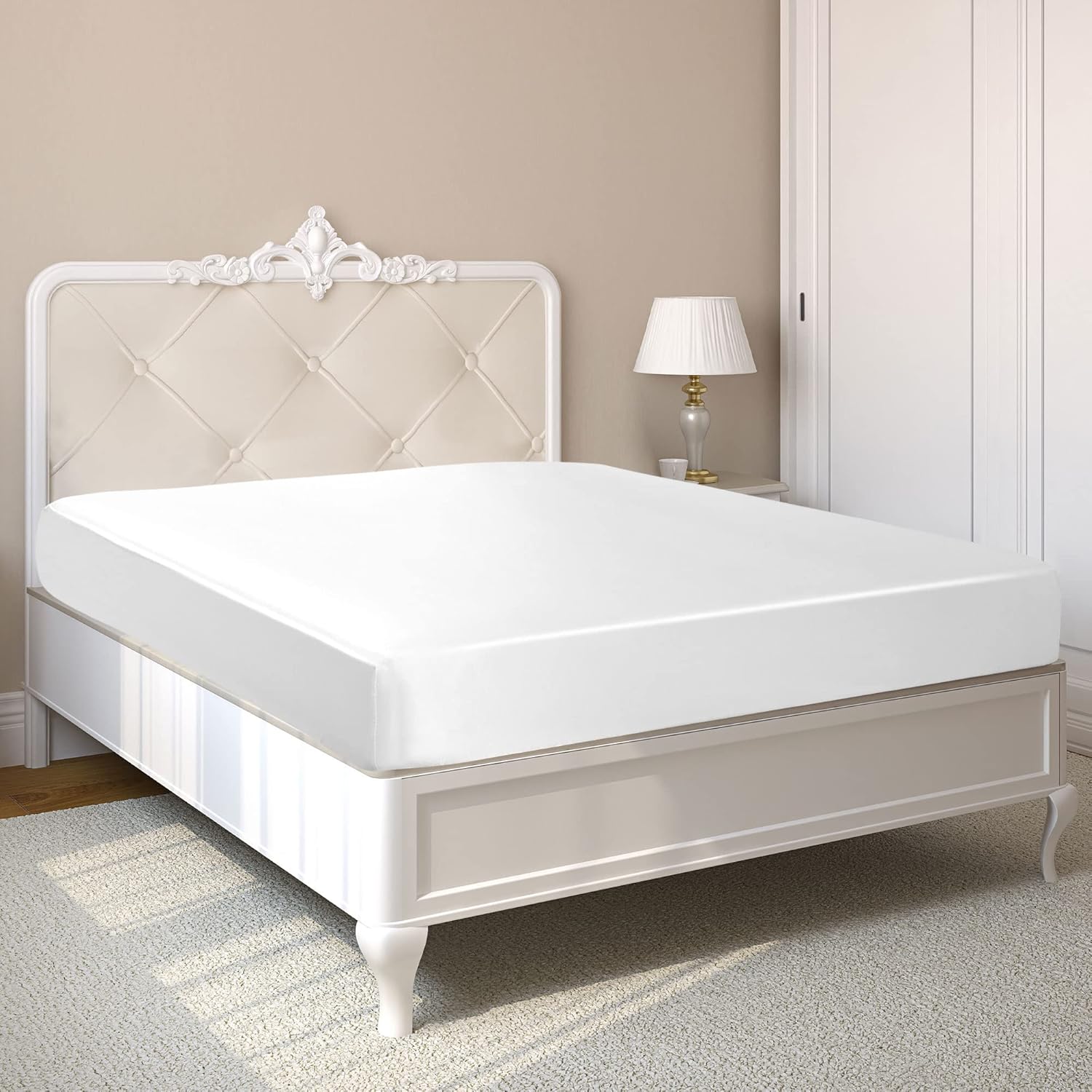 uxcell Twin Fitted Sheet Only - Satin Silky Mattress Protector, 12" Deep Pocket Bed Mattress Cover - Soft and Breathable Satin Pearl White Fitted Bed Sheets,74"x38"