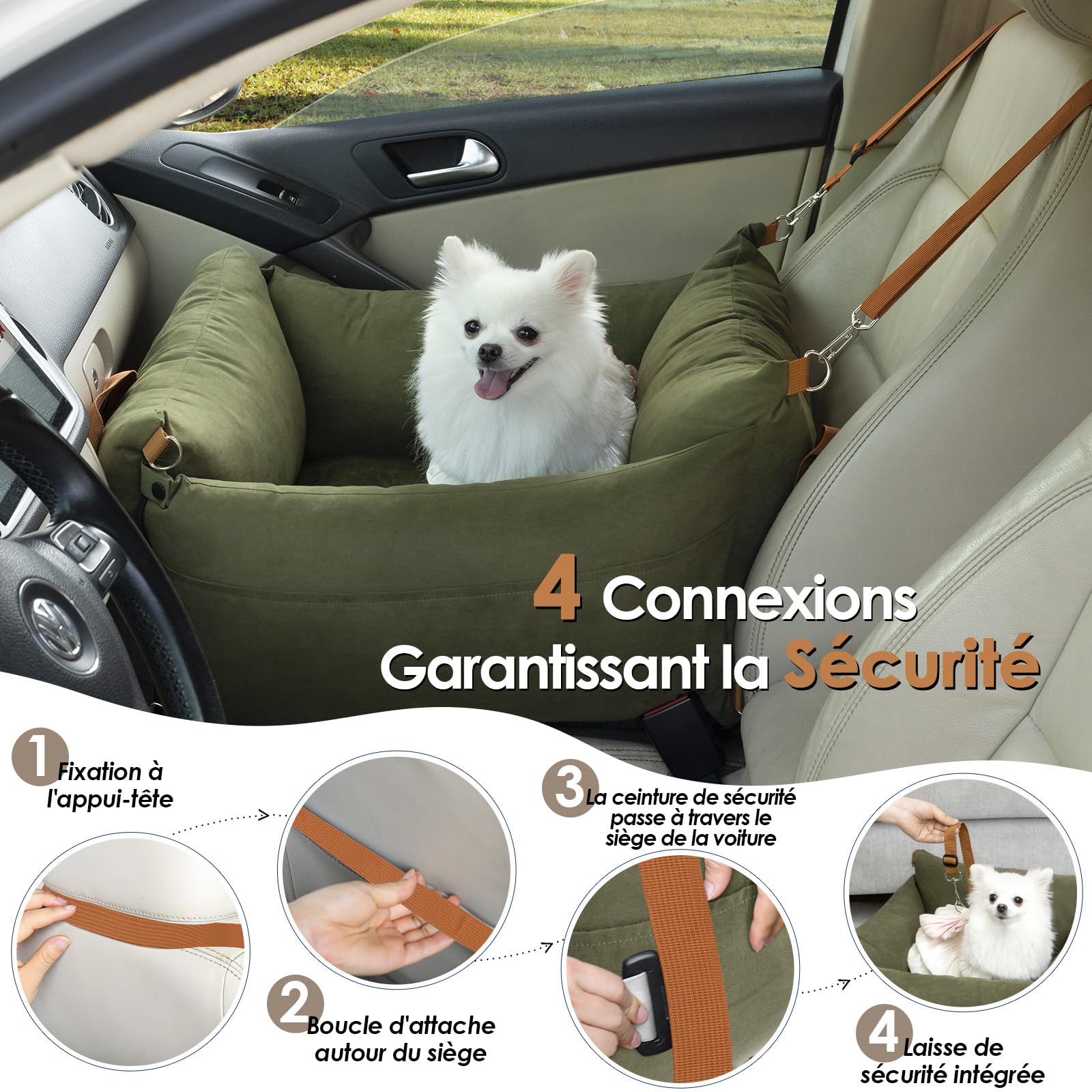 Siege Auto Chien Voiture pour Petite et Moyenne Moins de 15kg, Panier Chien Voiture Portable avec Aire de Repos Extensible, Siège Auto Détachable pour Le Transport avec Clip de Sécurité