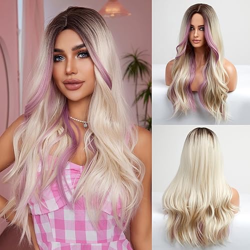 OMELPIS Long Blonde Pink Highlights Wavy Wig for Women Natural Ombre Middle Part Heat Resistant Synthetic Fiber High Density Curly Hair Wigs for Daily Cosplay Party Halloween Christmas 26In