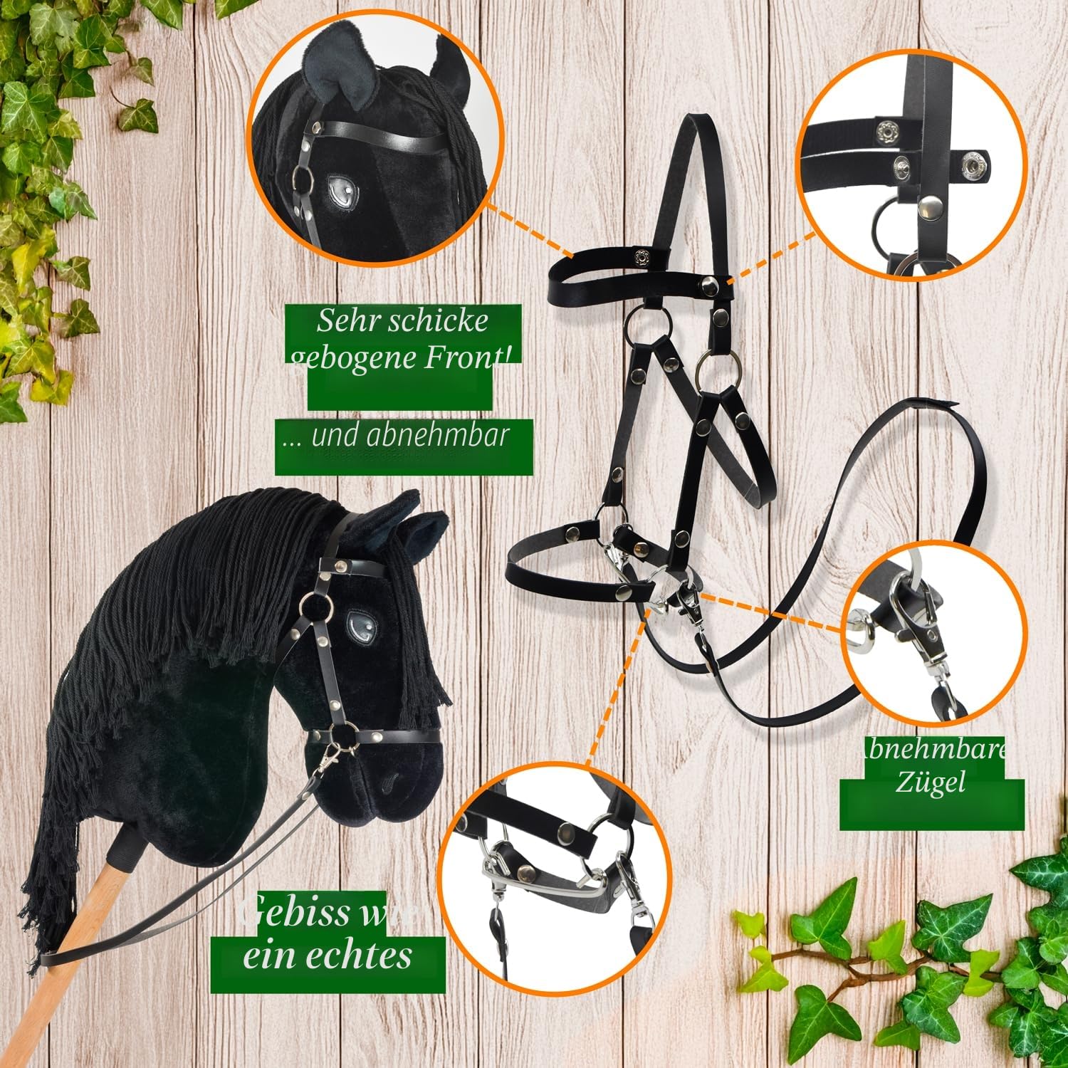 Hobby Horse Friese Schwarz A3 – Steckenpferd Komplettset mit Zaumzeug, Zügeln, Gebiss & weißer Fliegenhaube – Friesenpferd Spielzeug für Kinder
