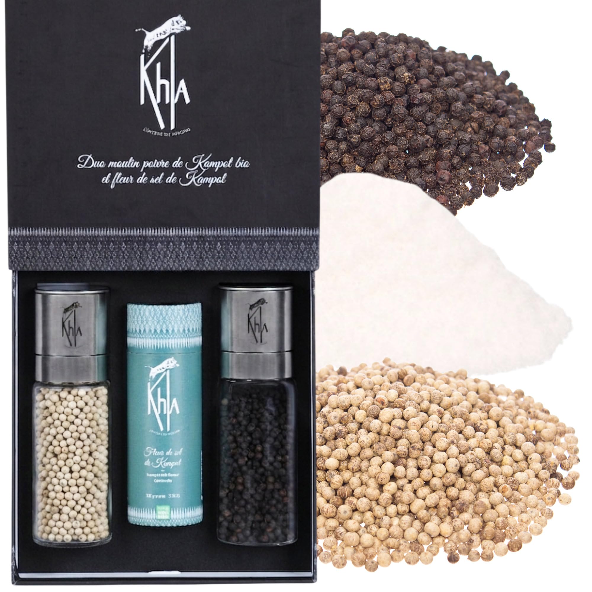 Khla - Coffret Moulins Poivres & Sel de Kampot - Coffret Cadeau - Poivre Noir, Poivre Blanc & Fleur de Sel - Grands Crus Rares - Poivre du Monde - Moulins Rechargeables - Origine Cambodge