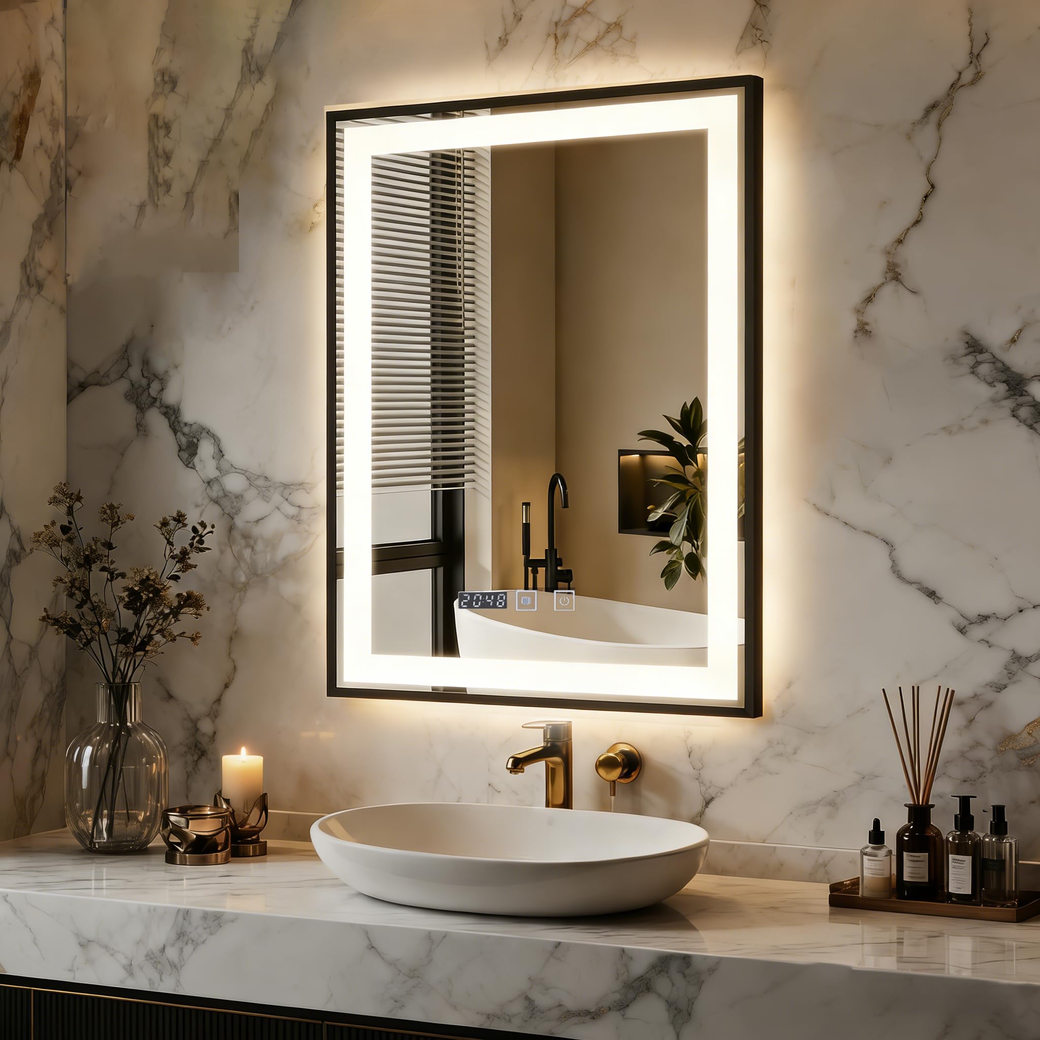 YOURLITE Badspiegel mit Beleuchtung 50x70,Badezimmerspiegel Led Badspiegel,UhrTouch-Schalter,Spiegel Bad mit Beleuchtung,3Lichtfarben Dimmbar,Antibeschlag,Wandspiegel,Speicherfunktion,Vertikal,Schwarz