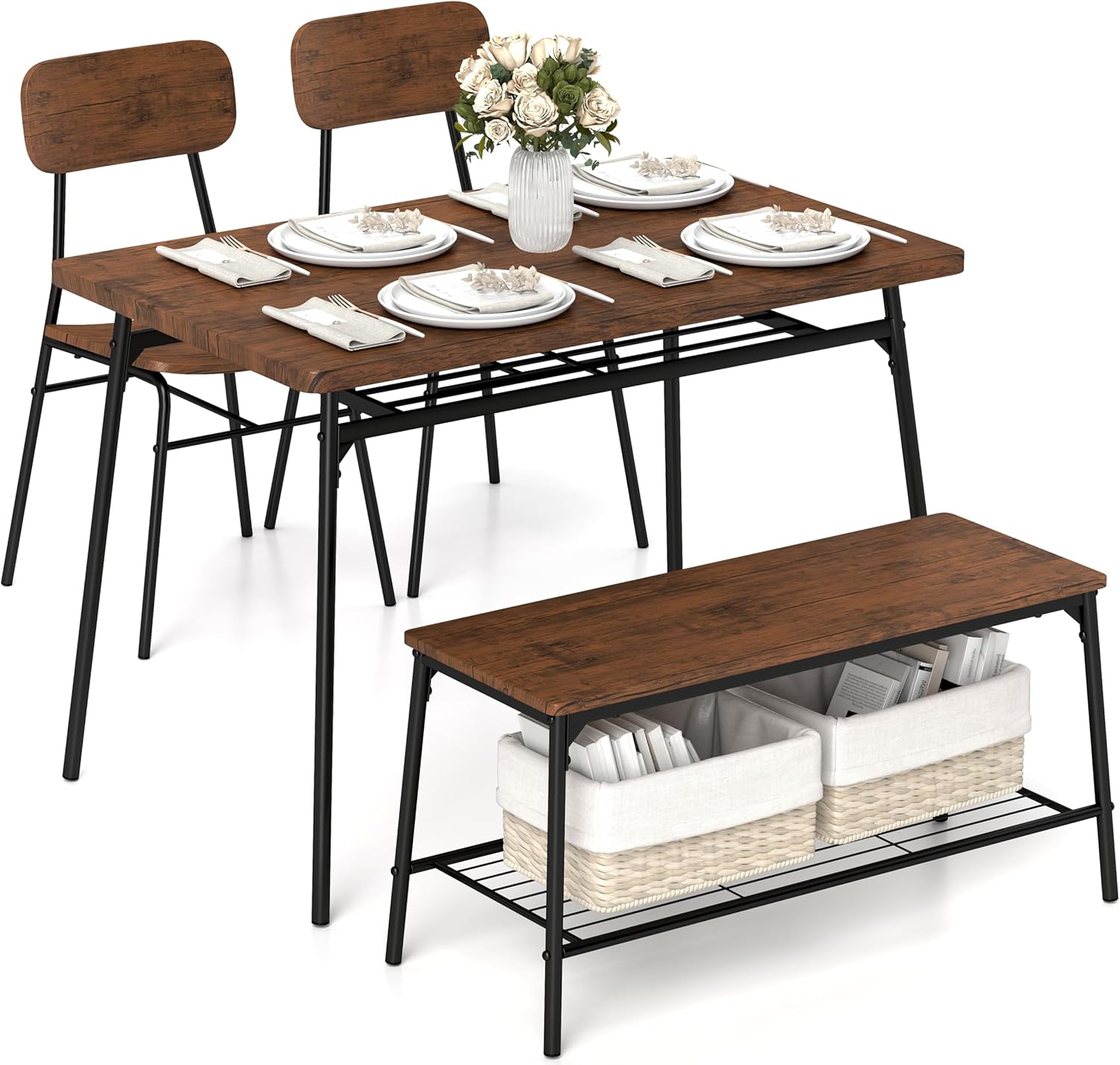 Giantex Dining Table Set for 4, Kitchen Table with Bench & 2 Chairs, Storage & Metal Frame, Space-Saving Breakfast Nook Table Set, 4-Piece Dinette Set for Living Room Small Places Apartment