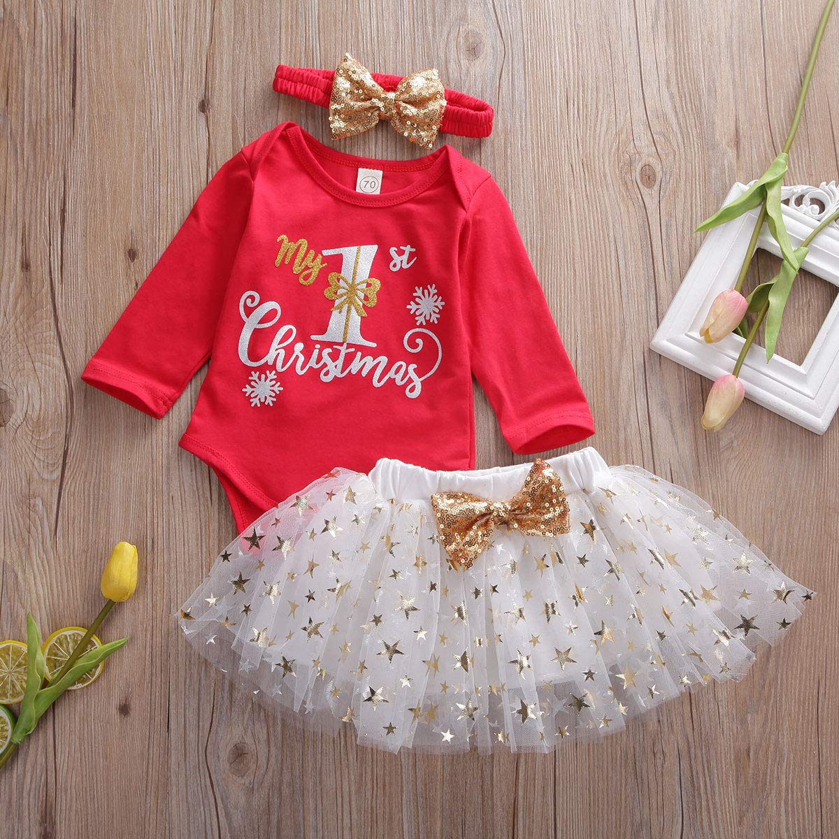 Newborn Infant Baby Girl My First Christmas Clothes Long Sleeve Romper Tulle Tutu Skirt Headband 3Pcs Outfit Set Red