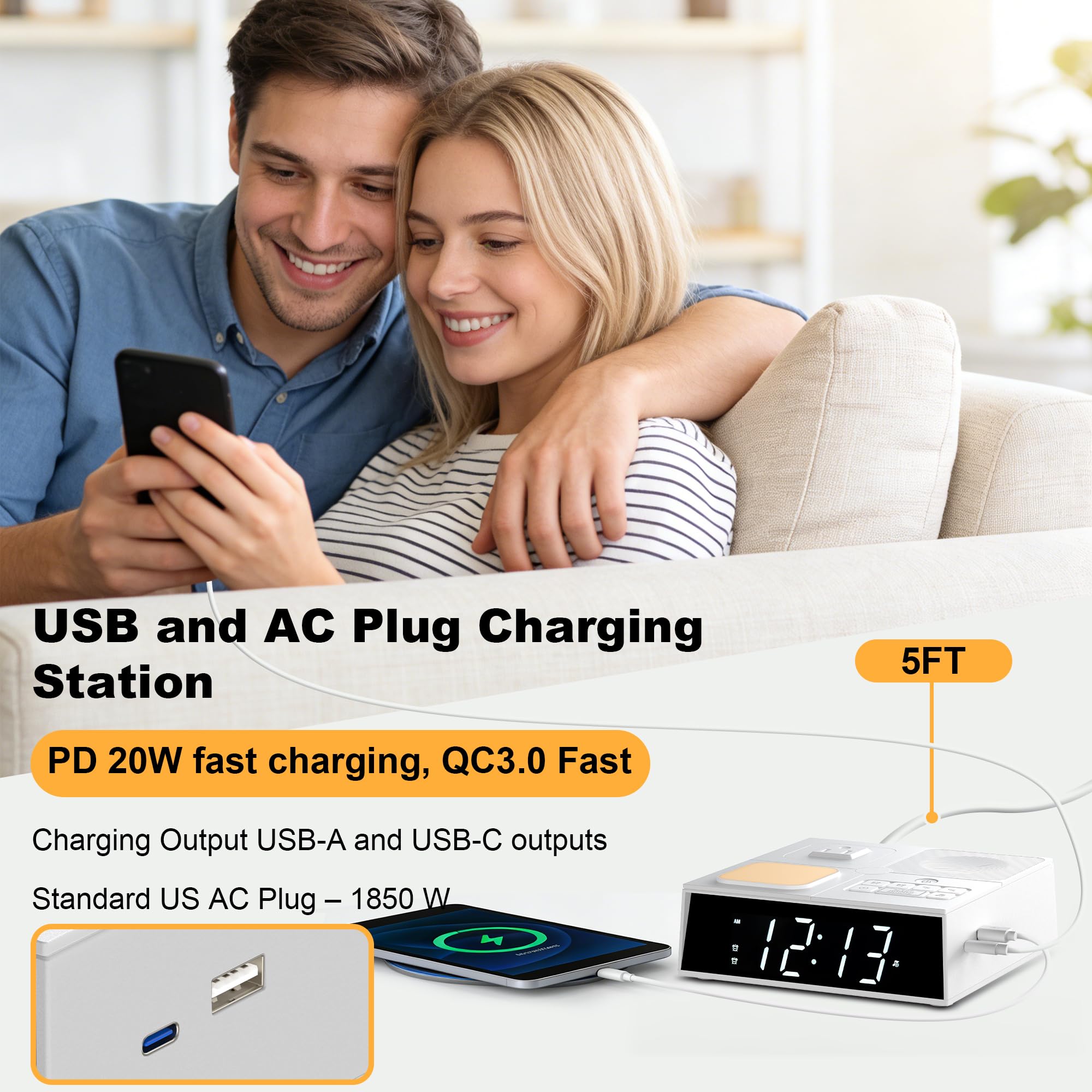 Sveglia con caricatore USB e prese AC, orologio digitale per chi dorme pesante, adulti, bambini e ragazzi, stazione di ricarica da comodino (luce notturna e musica per dormire)