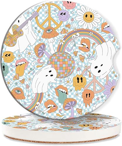 Posavasos de automóvil de los años 70, diseño de hongos Groovy para mujer, paquete de 2, retro, fantasma, arco iris, absorbentes, para portavasos de