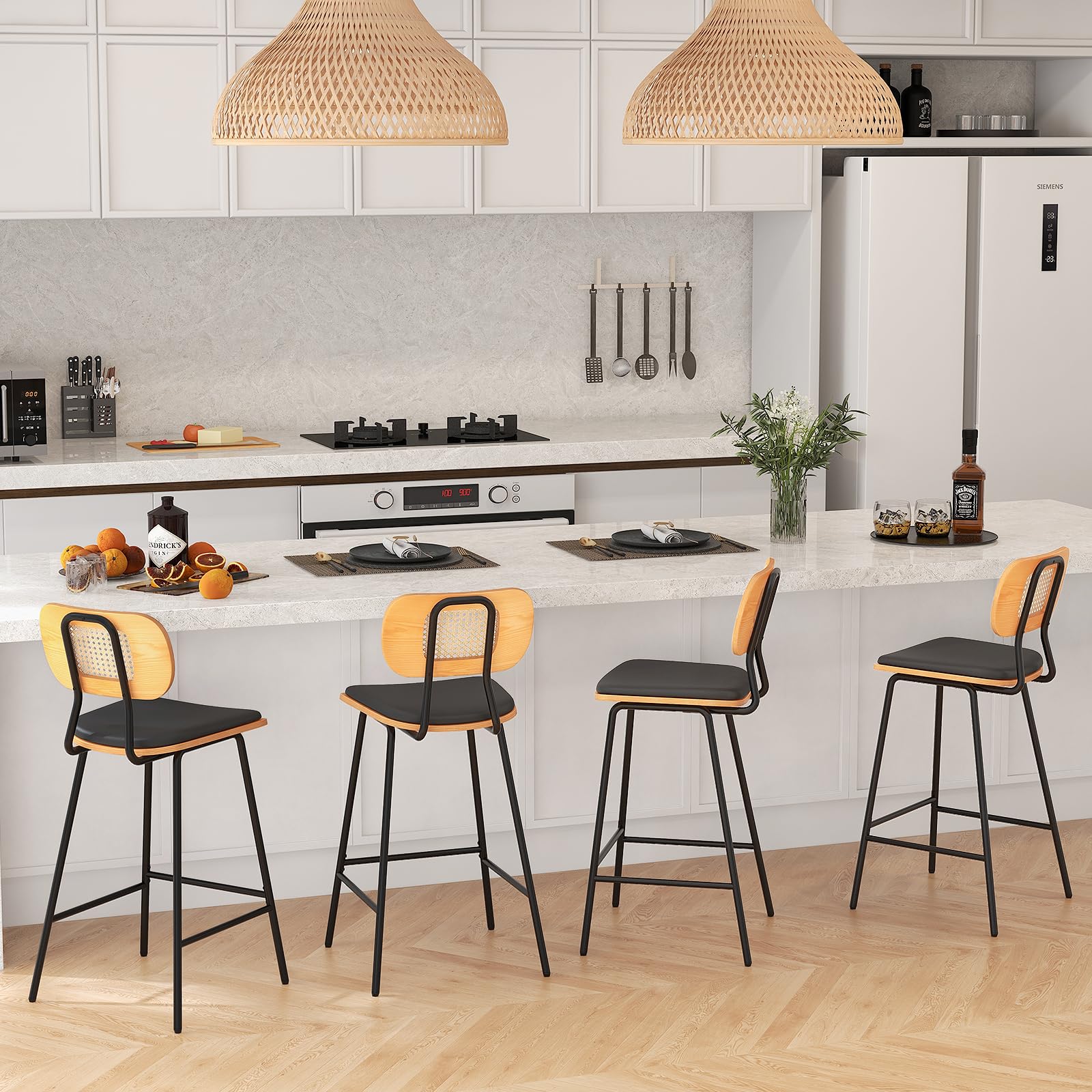 RELAX4LIFE Lot de 2 Tabourets de Bar en Rotin, Chaise Haute Bar Cuisine Bohème avec Cadre Métallique, Chaise Cannage avec Repose-Pieds, Assise 65,5 CM, Charge 140 KG pour Café Salon Bistro