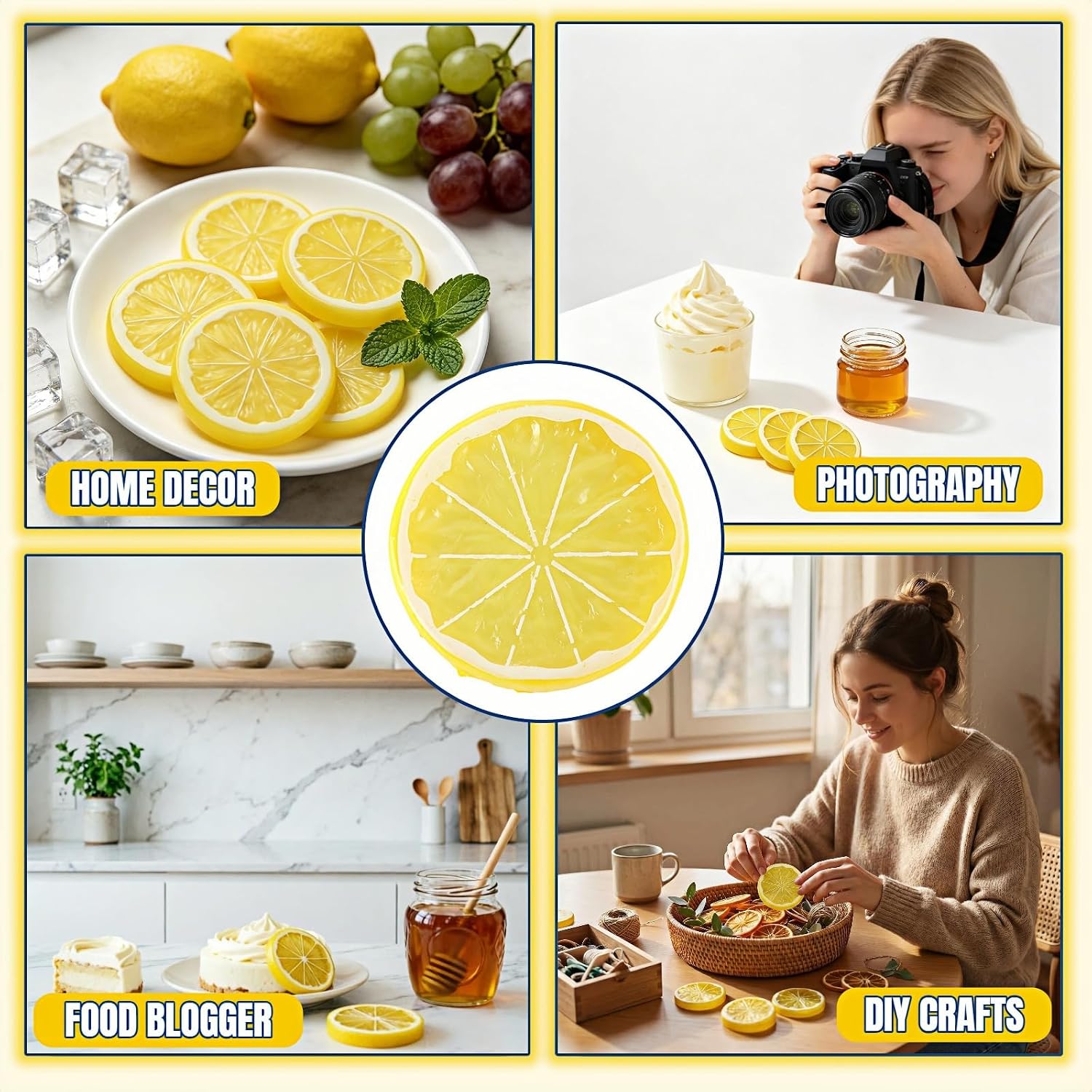 12PCS Artificial Lemon Slices, 2 Inch Faux Lemon Slice Decor – Yellow Lemon Wheel Decorations for Kitchen, Fruit Bowl, Vase Filler, Tiered Tray, Table Centerpiece, Summer Party, Wedding, Photo Prop