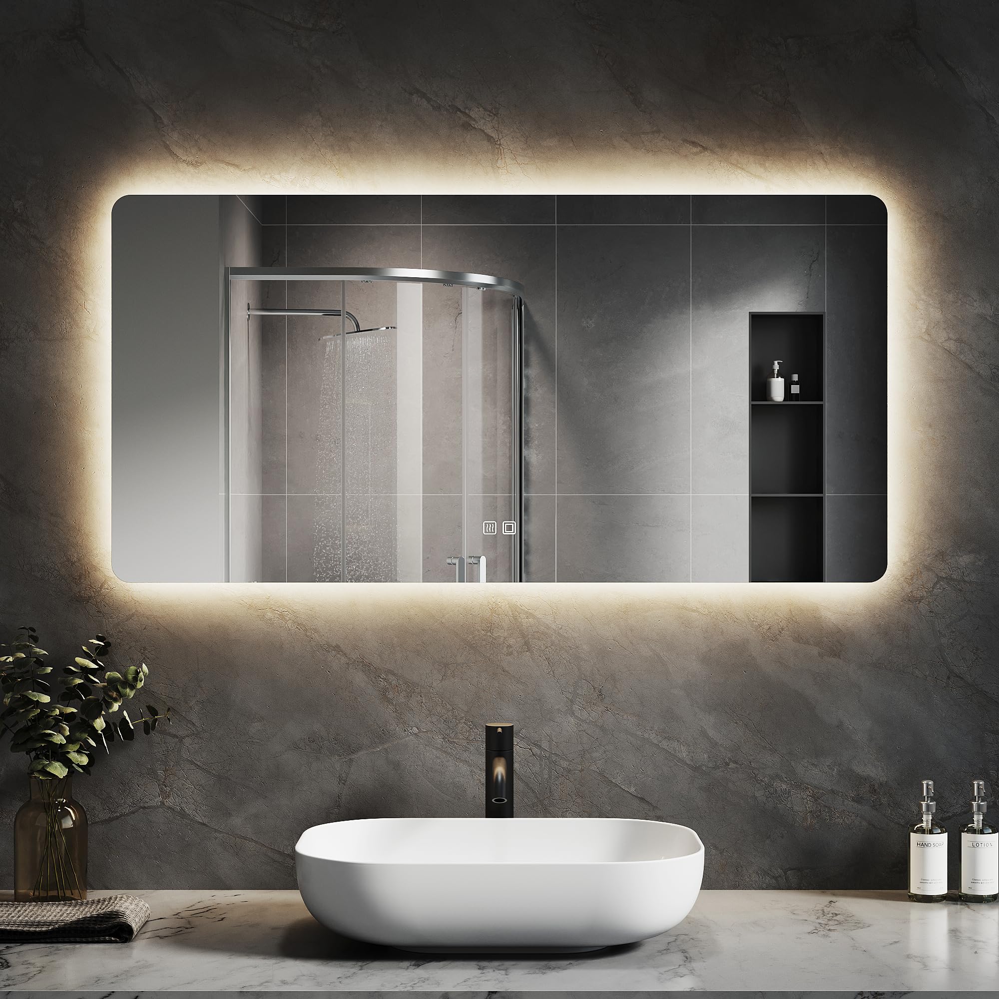 SVNR Espejo de baño con retroiluminación, espejo de maquillaje LED montado en la pared con cristal sin cobre de 4 mm, marco de aluminio, control táctil doble, 3000 K-6400 K, espejo inteligente LED