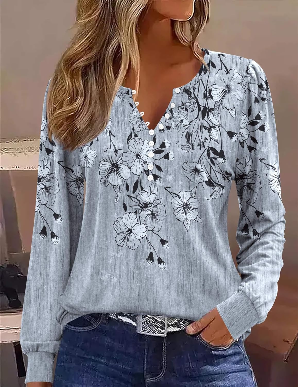 Zeagoo Fall Tops for Women Long Sleeve Button Up Shirts Floral Tunics V Neck Pullover Blouse - Image 3