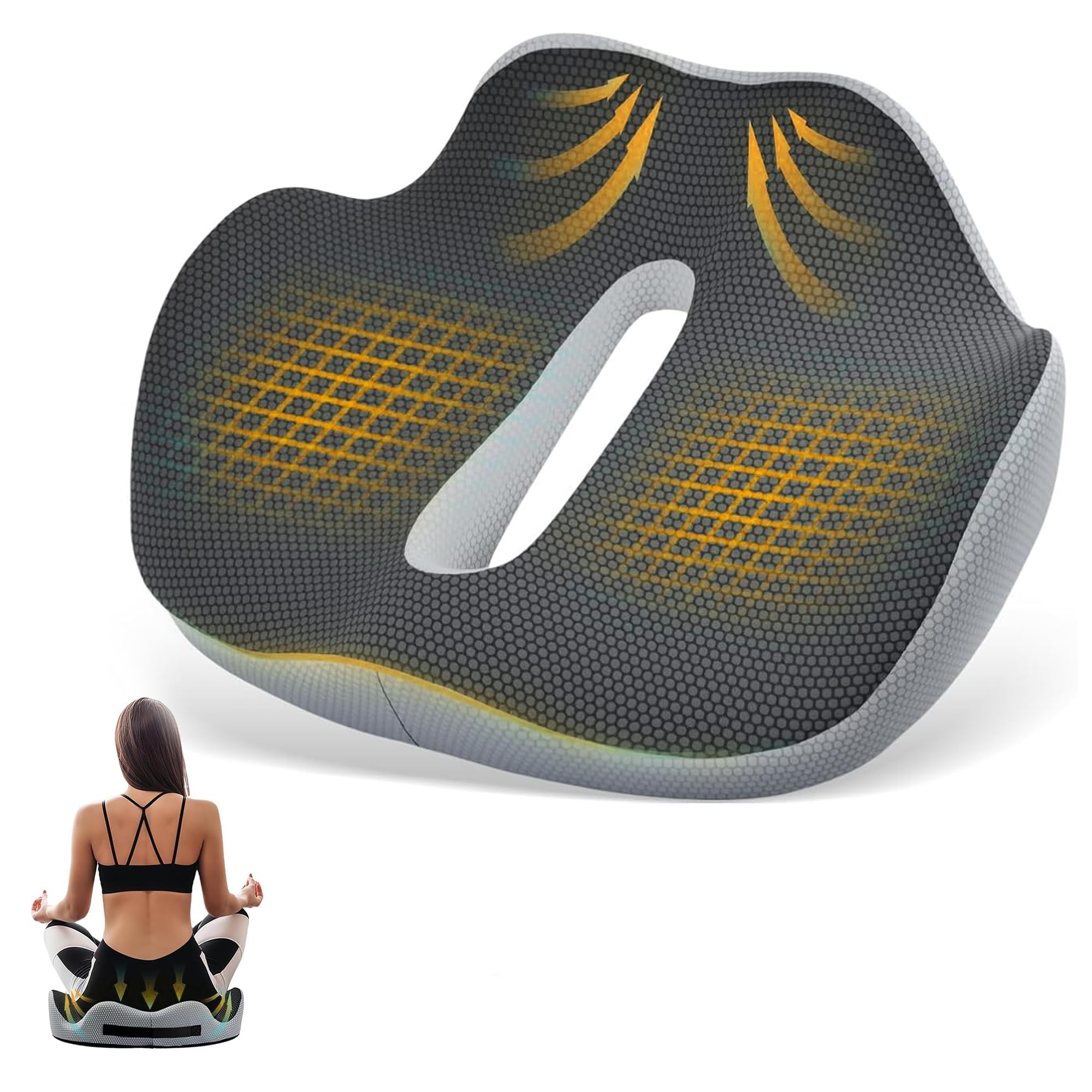 Coussin Ergonomique Assise – Mousse Mémoire de Forme – Coccyx, Bureau, Voiture – Soutien Lombaire, Respirant, Housse Amovible (Gris)