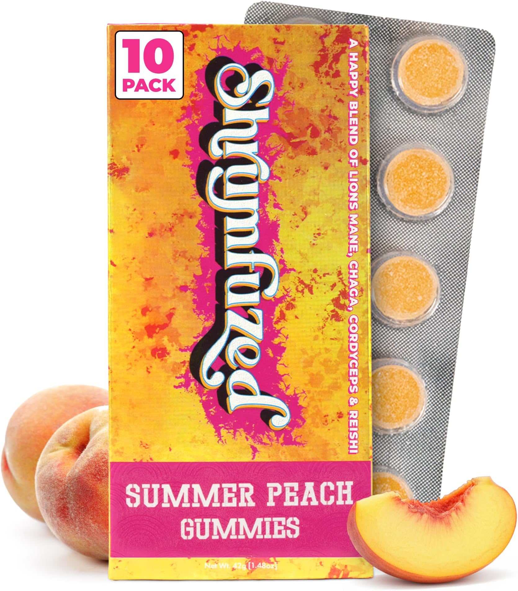 Shrumfuzed Mushroom Gummies | Nootropic Mushroom Supplement with Lion's Mane, Reishi, Cordyceps & Chaga | 10 Count, Summer Peach