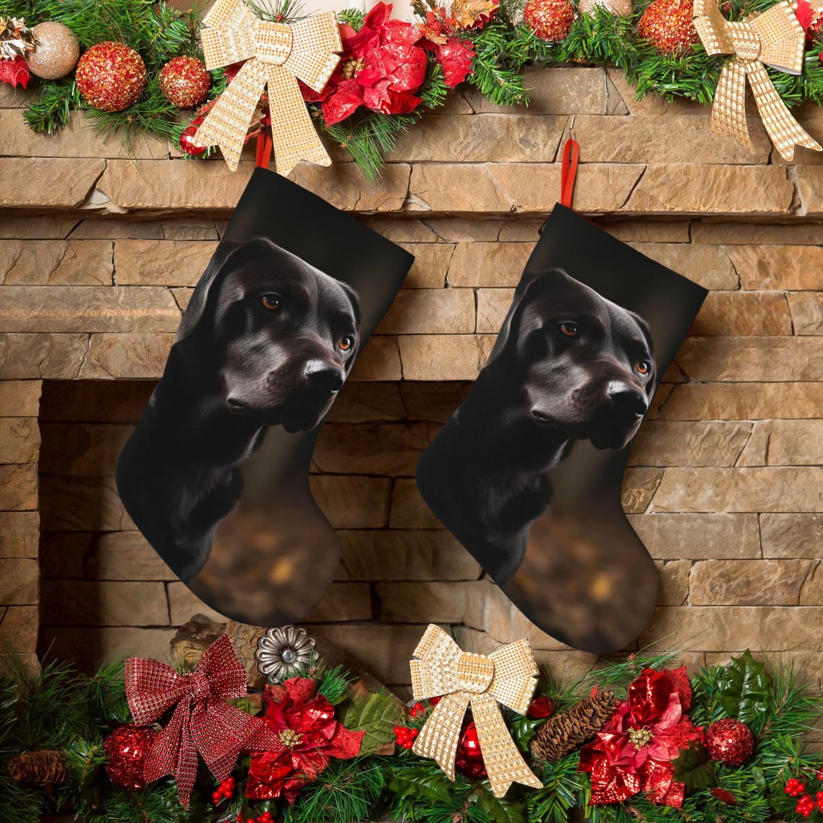 KLOPH Christmas Stockings 18" Personalized Xmas Stocking Black Labrador Decoration Stocking Hanging Fireplace Stocking for Holiday Xmas Tree Christmas Fireplace Decor