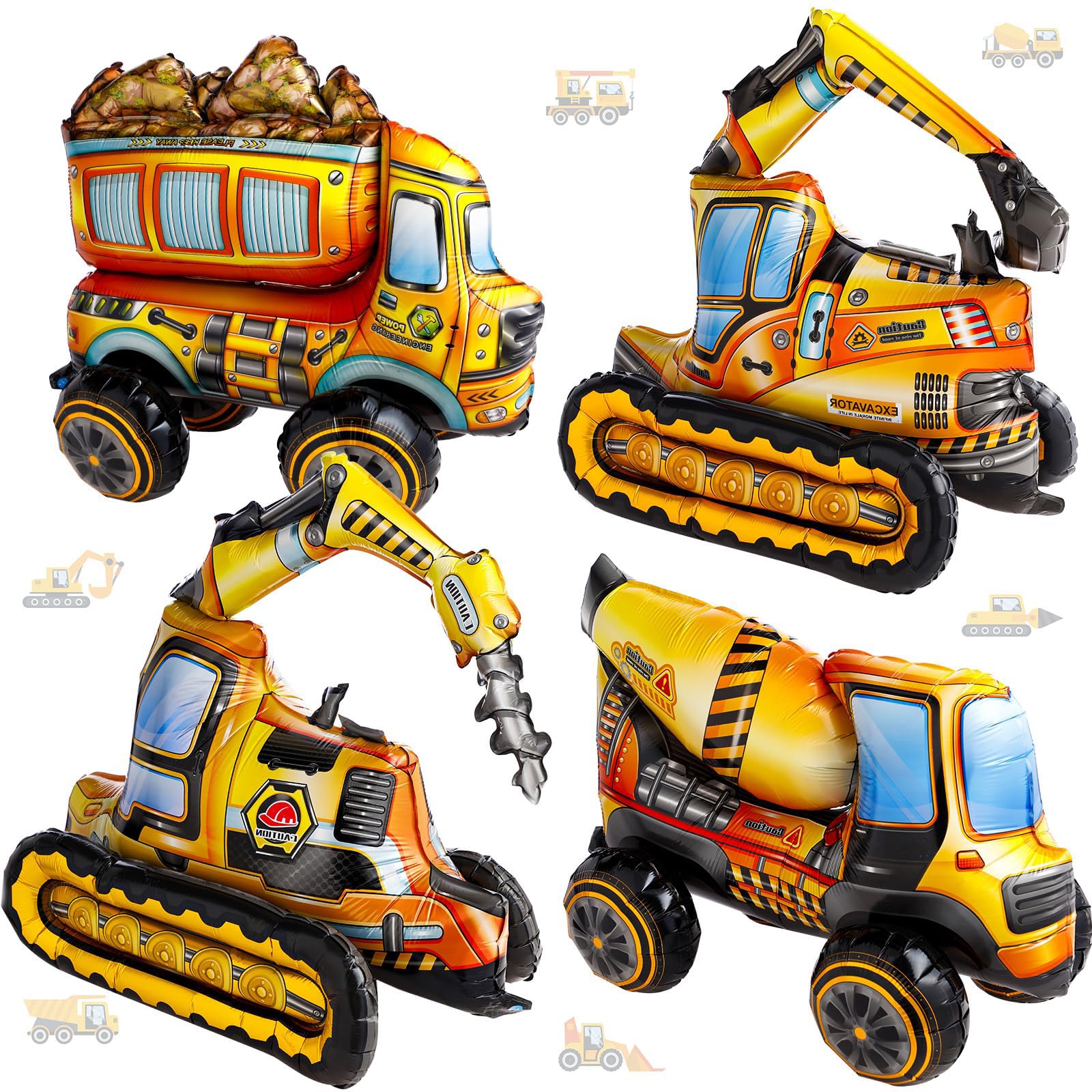 Excefore 4 Pcs Self Standing Construction Balloons, Excavator, Dump Truck, Mixer Truck, Yellow Foil Balloons for Construction Birthday Party Decorations
