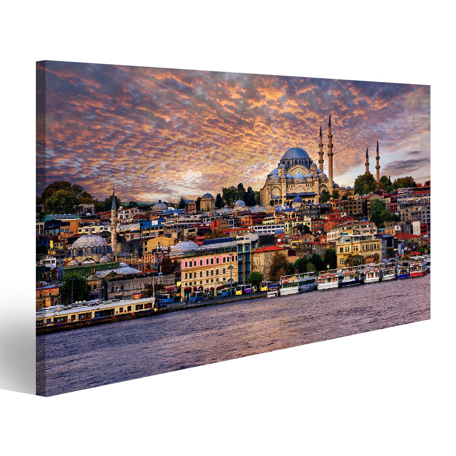 islandburner Tableau sur toile représentant une corne dorée et la vieille ville d'Istanbul sur un coucher de soleil spectaculaire en Turquie