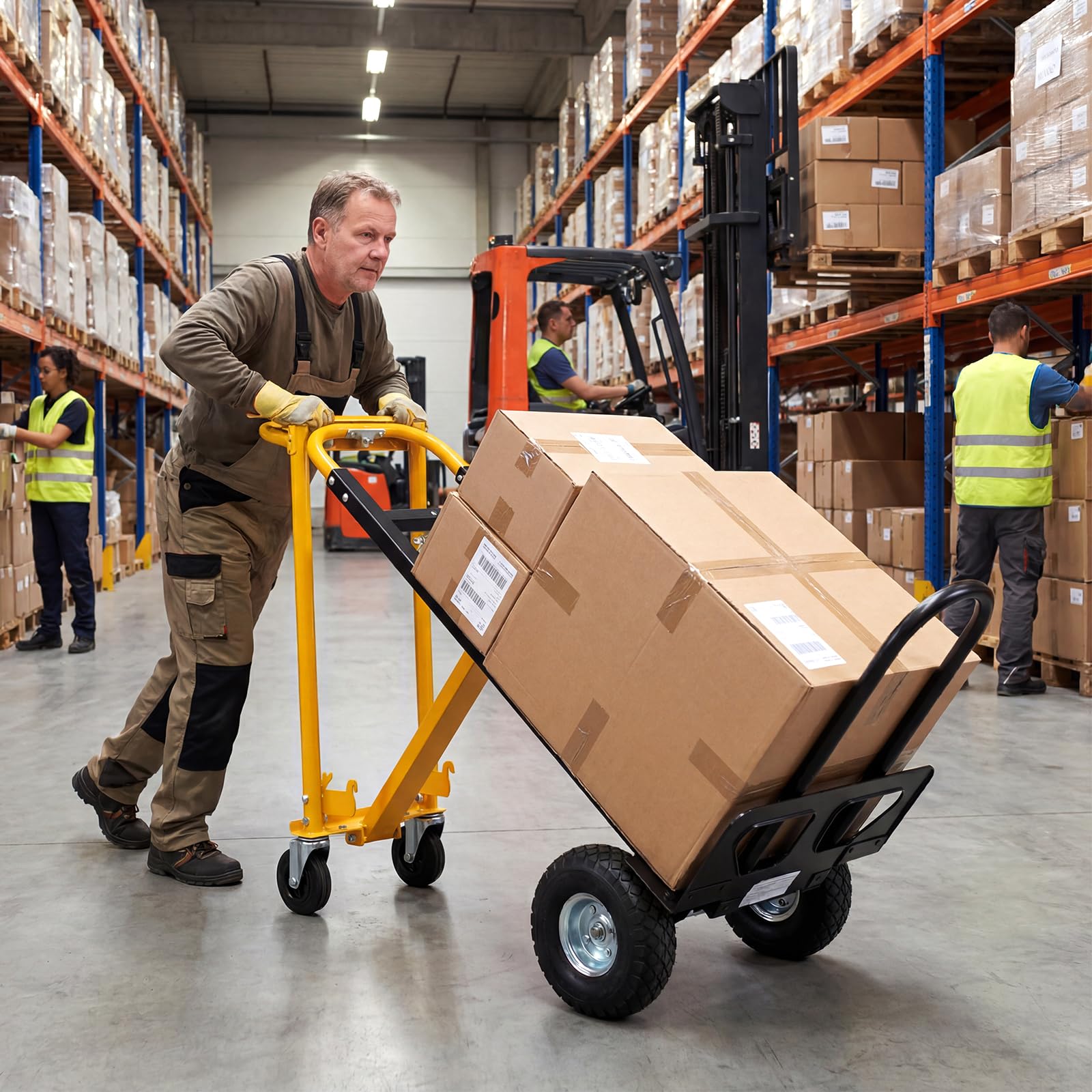 COSTWAY Carretilla Plegable 3 en 1, Carretilla con Rueda de Goma de Carga 136 kg, Carrito Plataforma en Modo de 4 o 2 Ruedas y Asa Ergonómica, Carro para Transporte y Mudanzas en Oficina y Almacén
