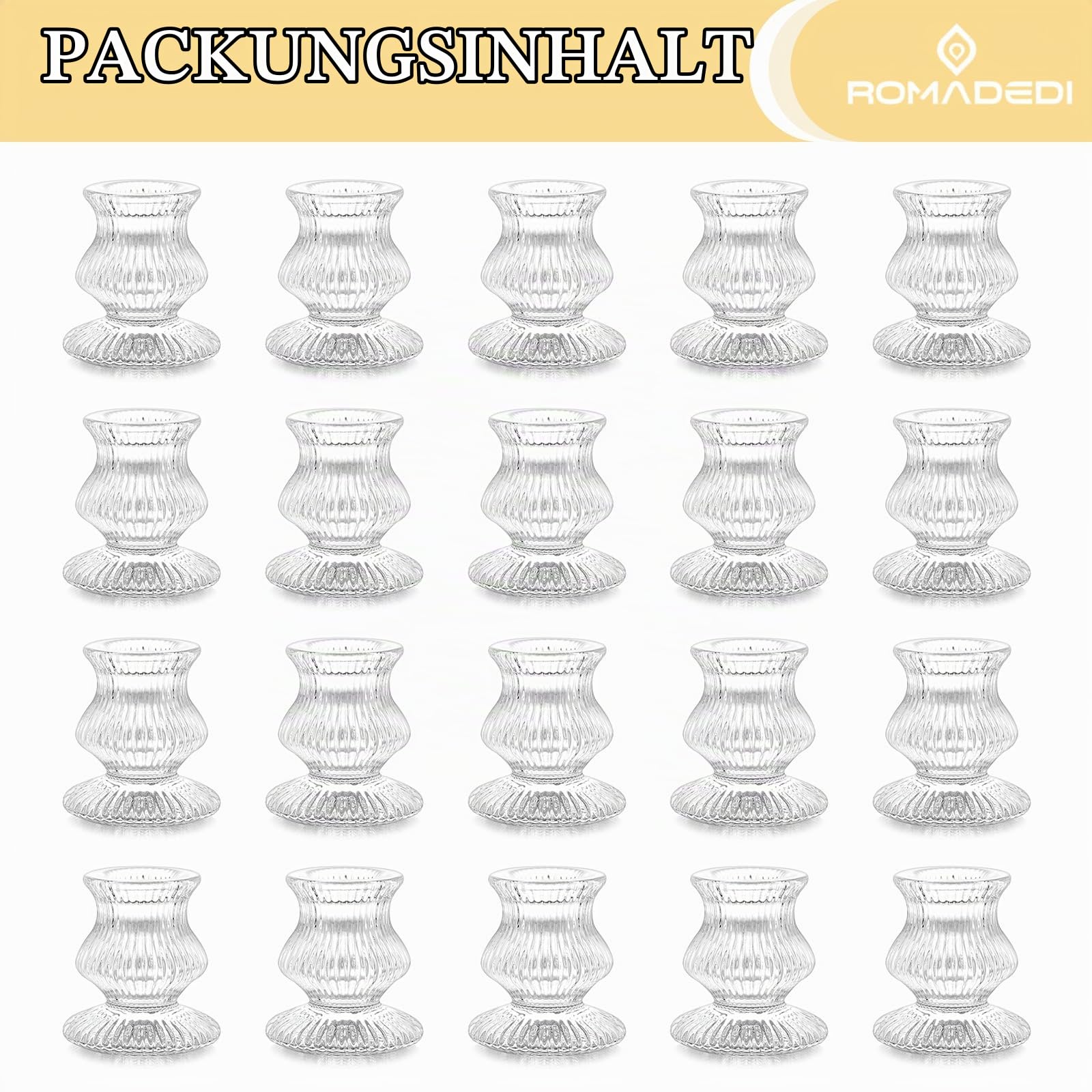 Romadedi Glas Kerzenständer für Stabkerzen, 20er-Pack, Klar | Geriffeltes Glas; Kleine Kerzenhalter; Für Hochzeit, Tischdeko, Advent, Weihnachten, Party und Wohnzimmer