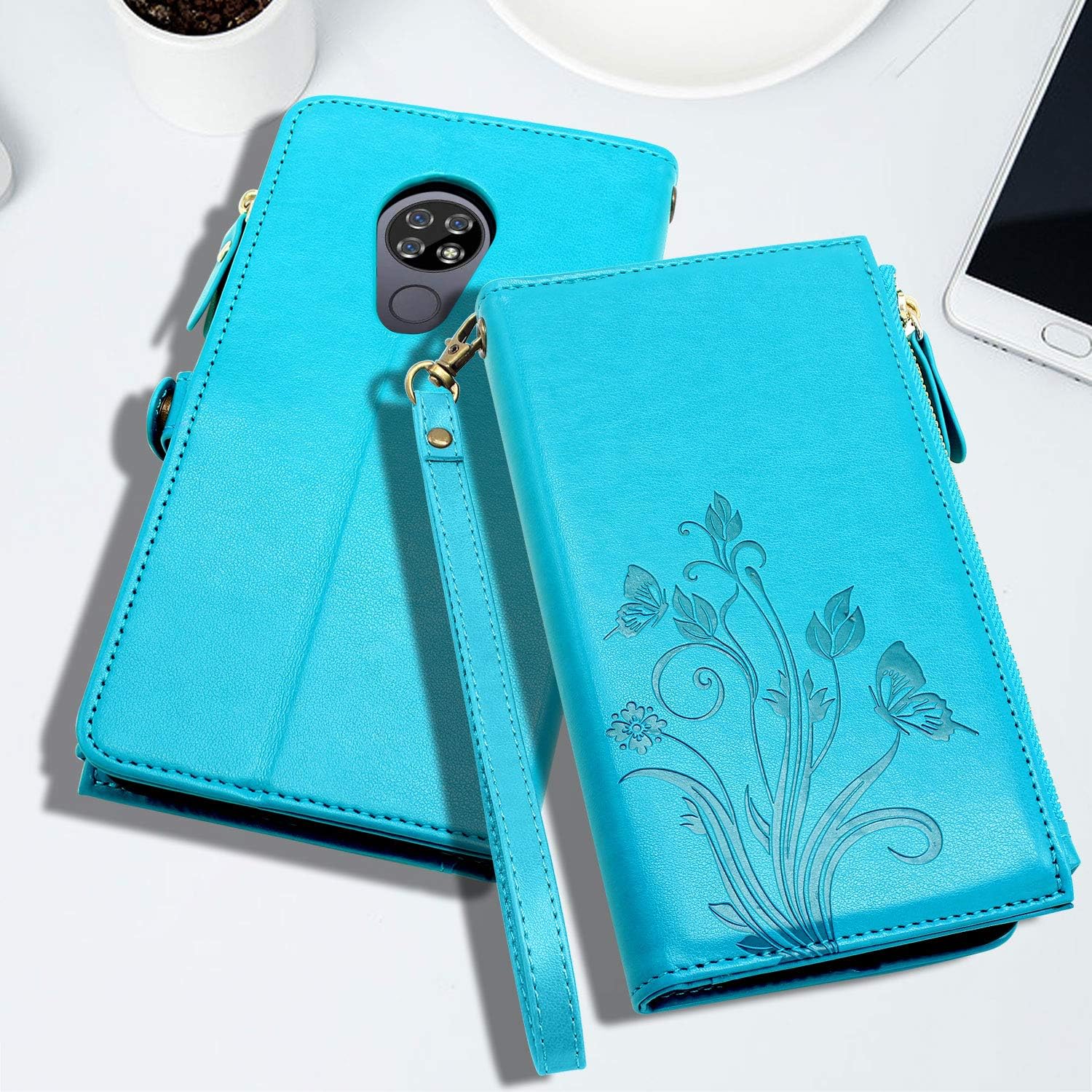 Lacass Premium Leather Flip Zipper Wallet Case Cover Stand Feature with Card Holder and Wrist Strap for LG Stylo 6 (Floral Blue)