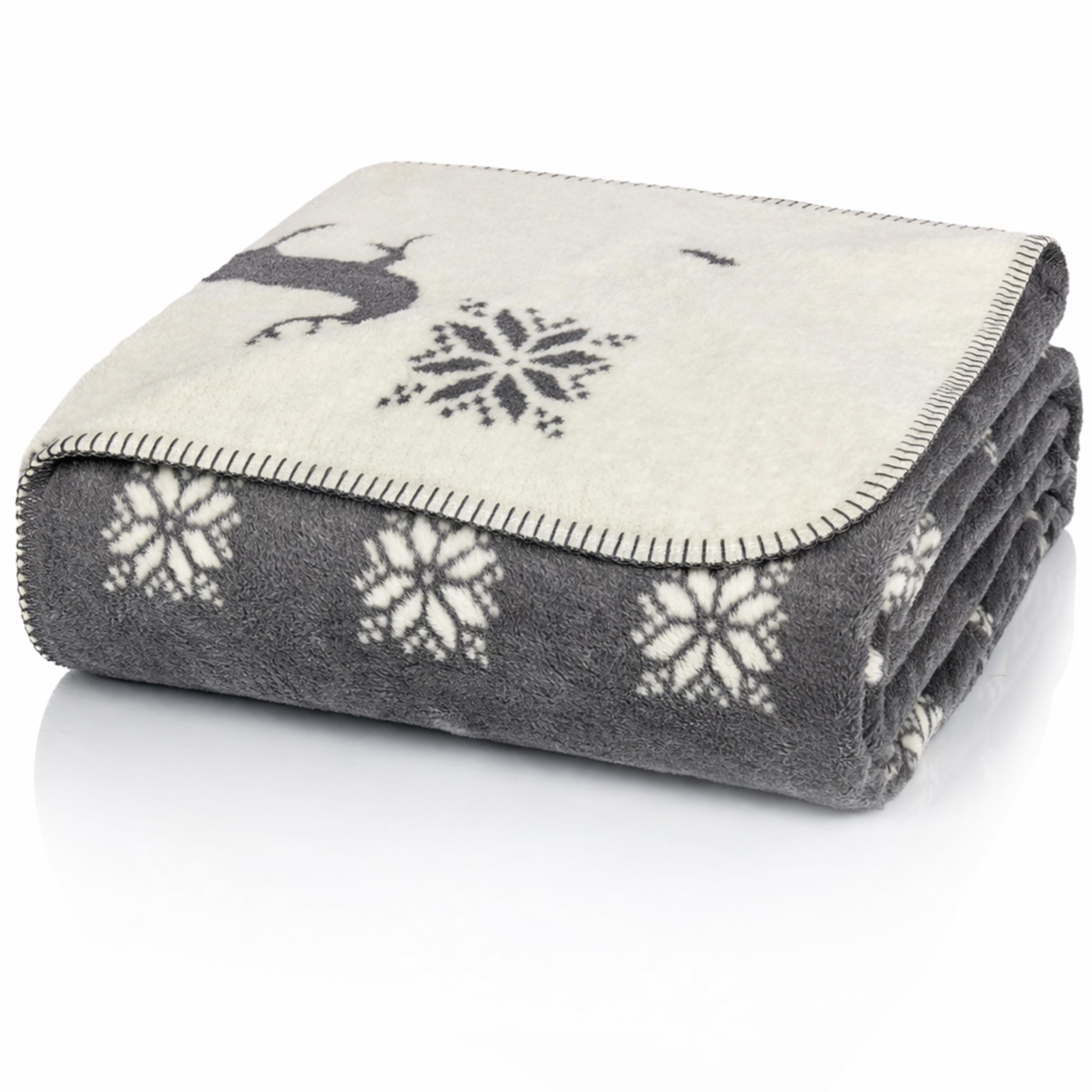 Glart J2HS Kuscheldecke Rentier Design Grau Beige – Wohndecke aus Baumwolle Polyacryl Mix für Sofa
