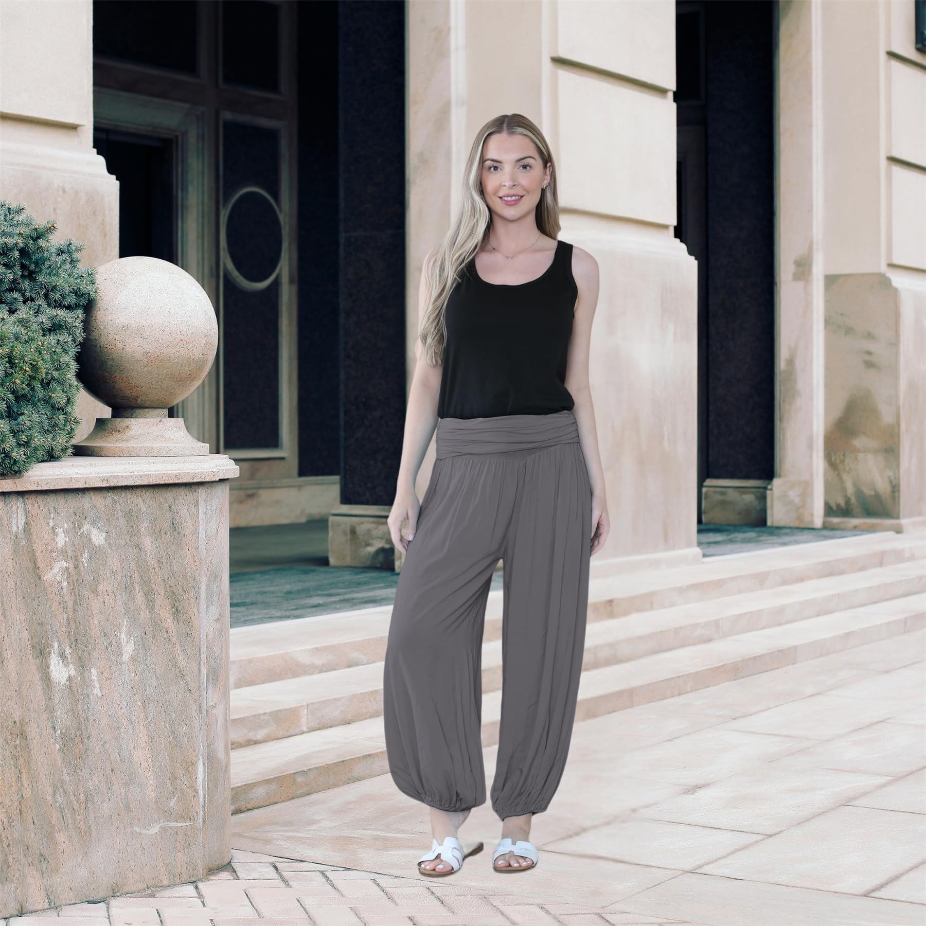 Pantaloni harem larghi da donna italiani Alibaba, comodi ed eleganti, vestibilità larga, pantaloni harem da donna UK | Pantaloni estivi perfetti per le donne UK, cachi, Taglia unica