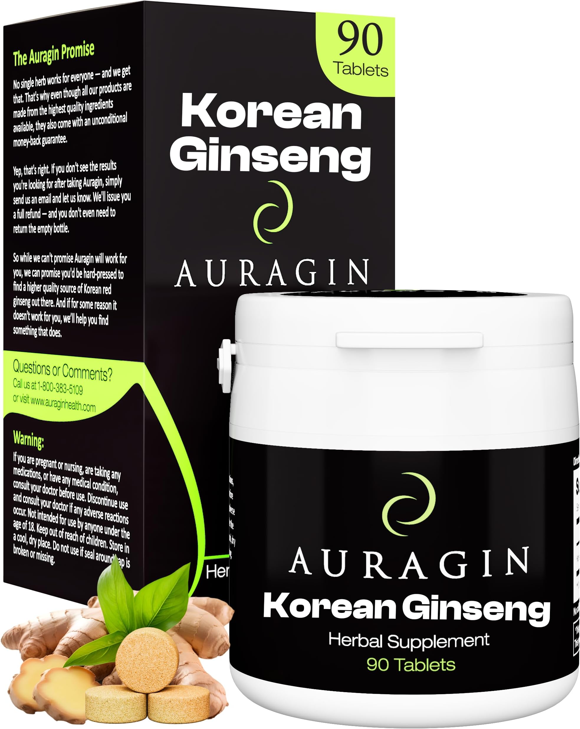 Auragin® Authentic Korean Red Ginseng – Made in Korea – 6 Year Roots – No Additives or Other Ingredients – 100% Red Panax Ginseng in Every Tablet