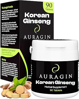 Auragin Authentic Korean Red Ginseng Made in Korea 6 Year Roots No Additives or Other Ingredients 100% Red Panax Ginseng in Every Tablet