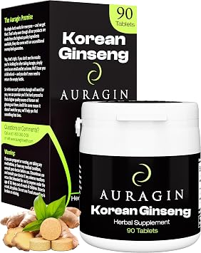 Auragin Authentic Korean Red Ginseng Made in Korea 6 Year Roots No Additives or Other Ingredients 100% Red Panax Ginseng in Every Tablet