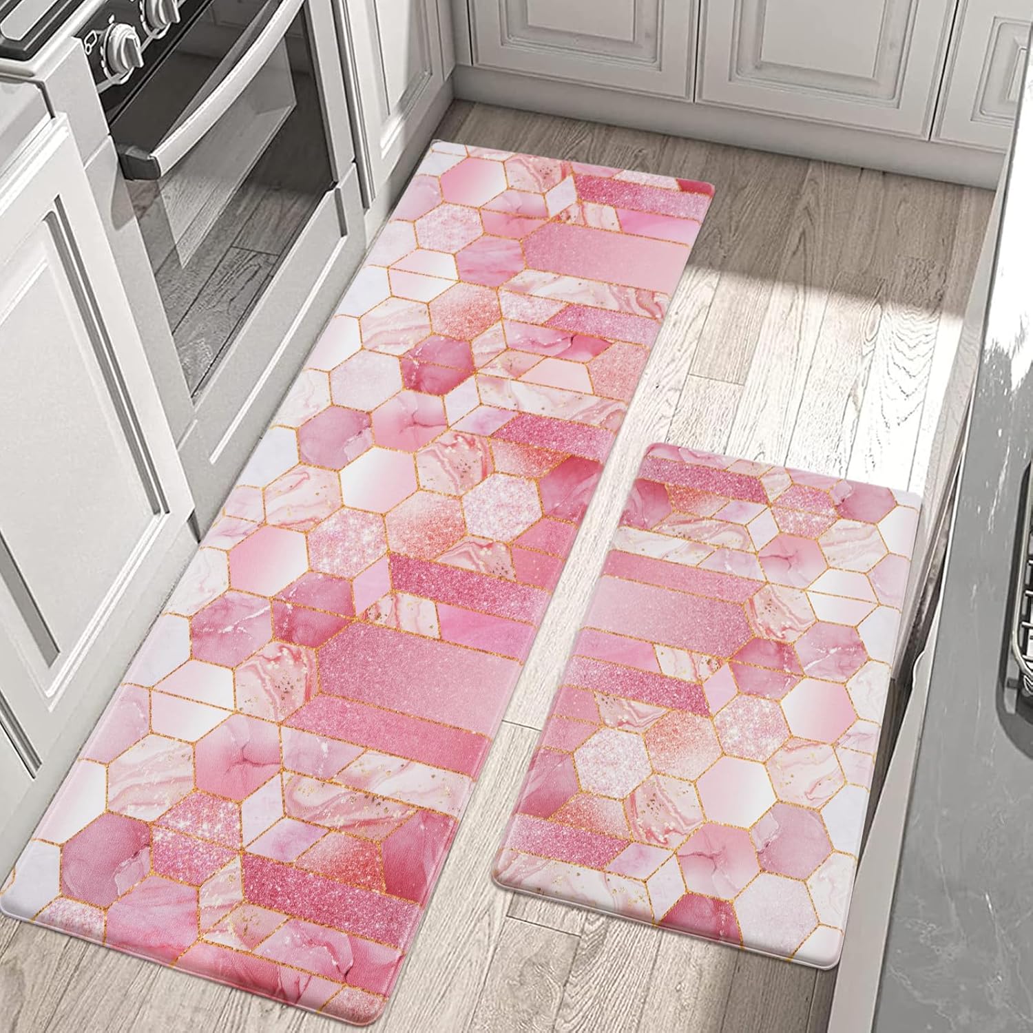 Likiyol Marble Kitchen Rugs Set of 2 Kitchen Mats for Floor Anti Fatigue Mats for Kitchen Floor, Pink Ombre Kitchen Rugs Non Slip Washable Comfort Standing Kitchen Decor Mat, 18'' x 48'' + 18'' x 30''