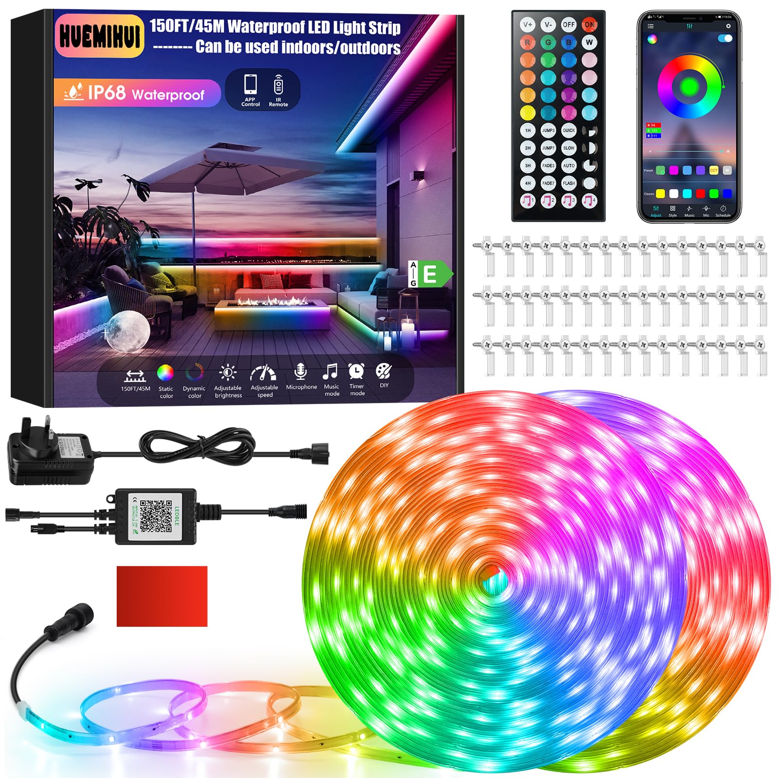 45M Outdoor LED Strip Lights, IP68 Waterproof Color Changing RGB LED Light Strips with IR Remote and APP, 24V Music Sync Led Rope Lights, Flexible Outdoor DIY Tape Lights for Balcony Deck Garden Pool