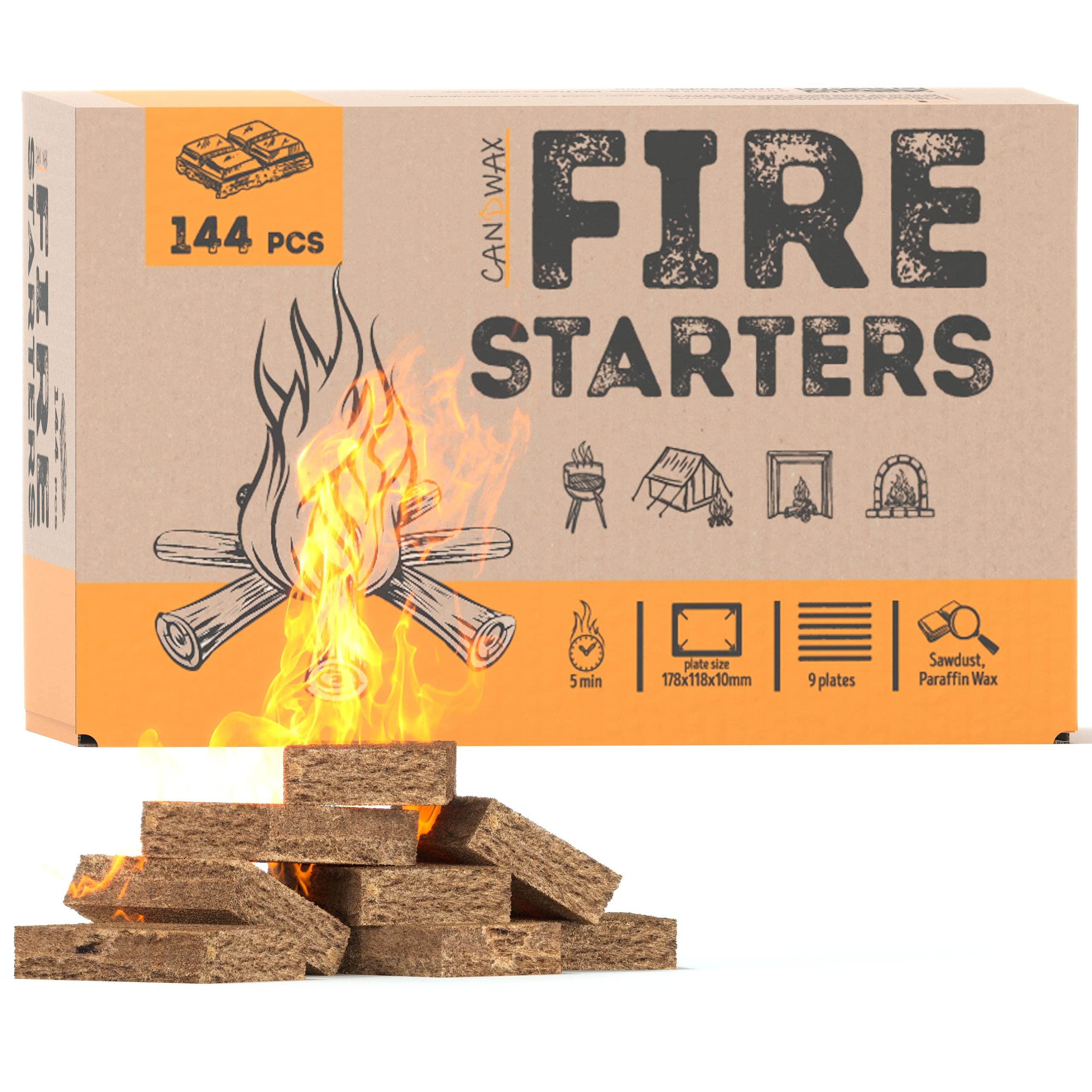 Buy CANDWAX Fire Starters for Campfires 144 pcs Waterproof Charcoal