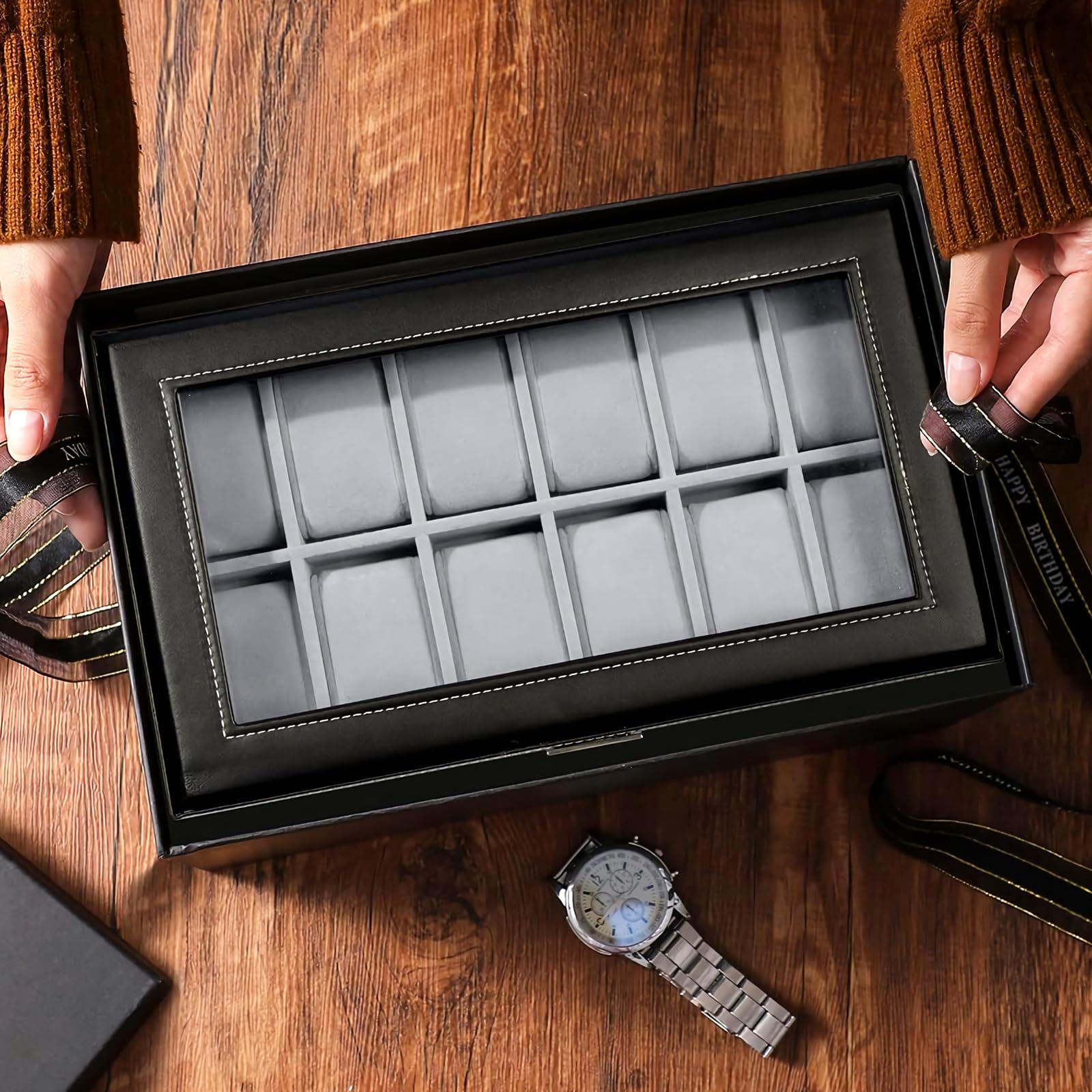 Caja de almacenamiento para relojes con tapa de cristal