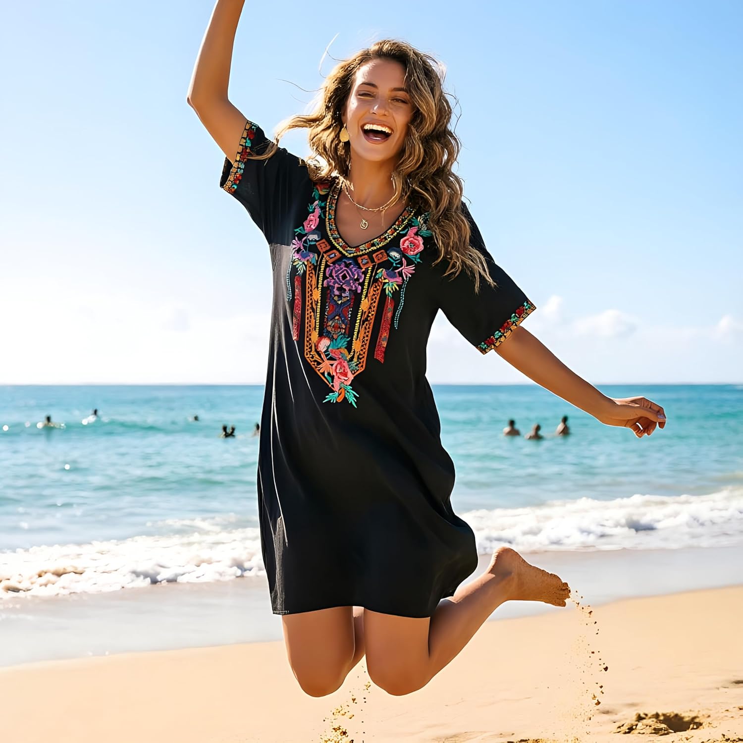 Grosy Women's Embroidered Mexican Peasant Dresses, Plus Size Fiesta Boho Dress for Women, Traditional Floral Bohemian Tunic