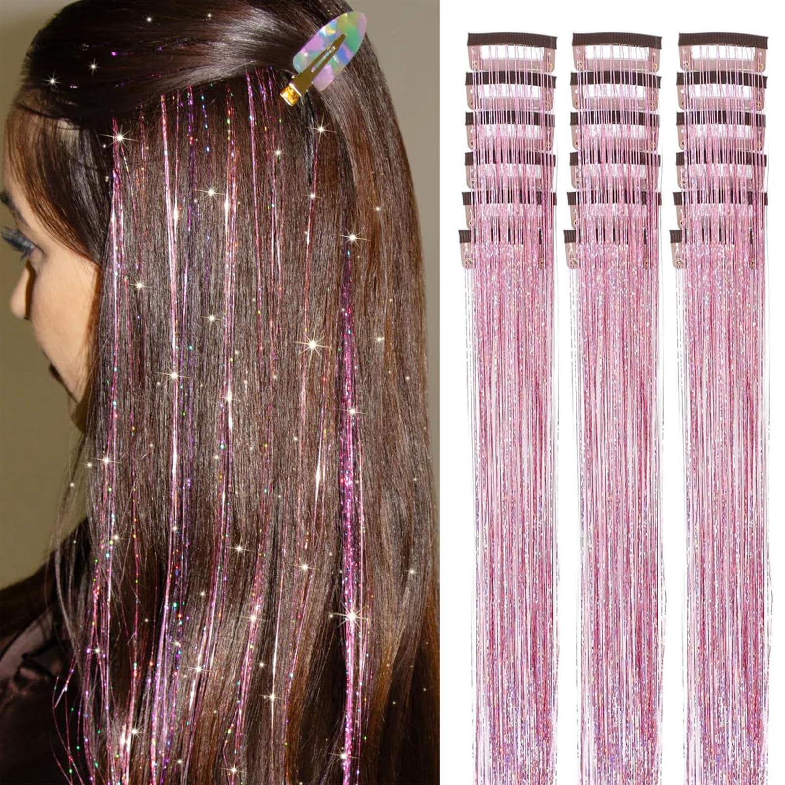 Pinkes Haarlametta 18 sztuk klip in zestaw do przedłużania włosów dla dziewczynek 20 cali błyszczące żaroodporne przedłużanie włosów dla dzieci akcesoria festiwalowe