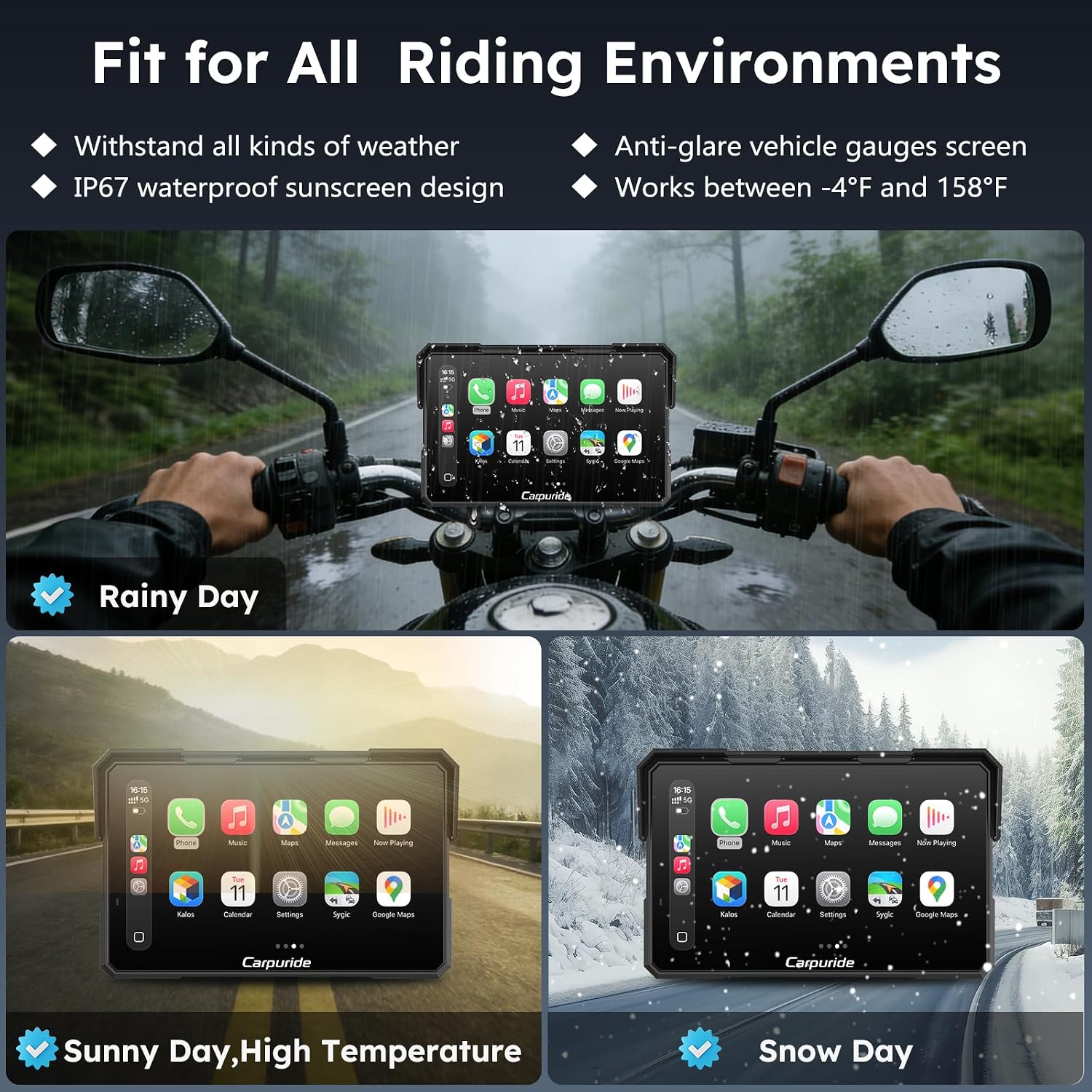 Carpuride W702 Plus for Motorcycle CarPlay & Android Auto & 8 Core Android 14, 1080p Dash Cam, 7-inch Waterproof Touchscreen for Online/Offline Navigation, Bluetooth, Loop Recording, Wired Controller
