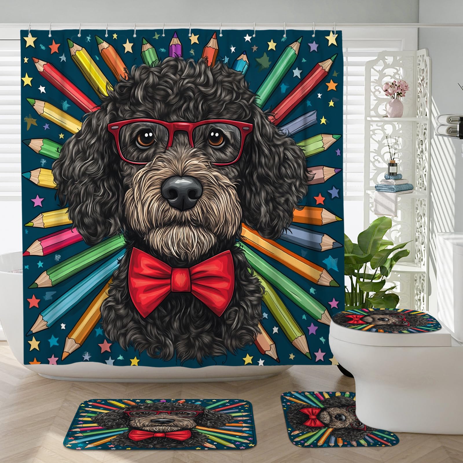 Rideau de douche labradoodle anti-glissade avec tapis de toilette en U absorbant