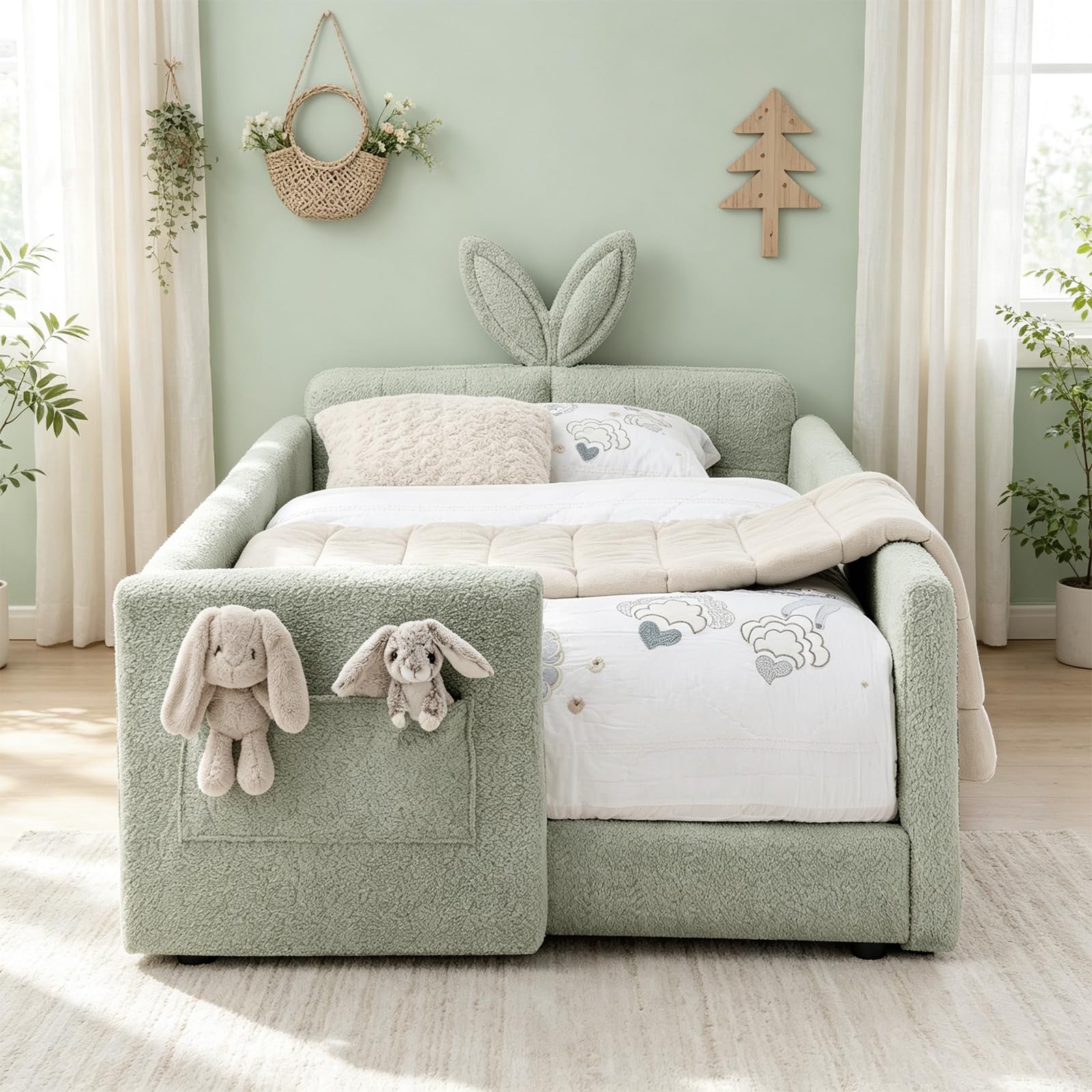 Twin Bed Frame for Kids, Floor Platform Bed Bunny, Green