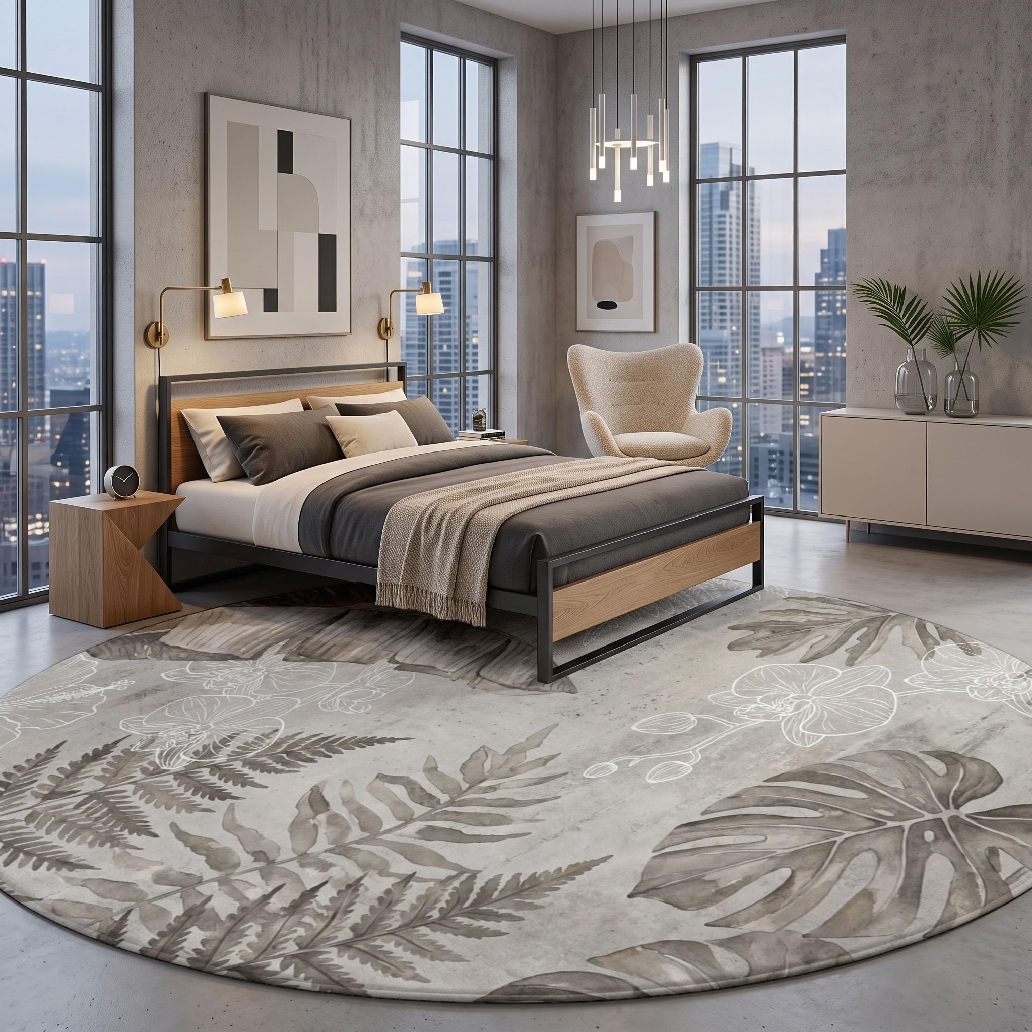 Tappeto Salotto Rotondo Grande Pelo Corto, Fiori E Piante Tropicali Grandi Antiscivolo Tondo Moquette,Foglie Banano Monstera Deliciosa Bambini Camera,Domestica Decor Tappeti (Ø 120 cm,Grigio)