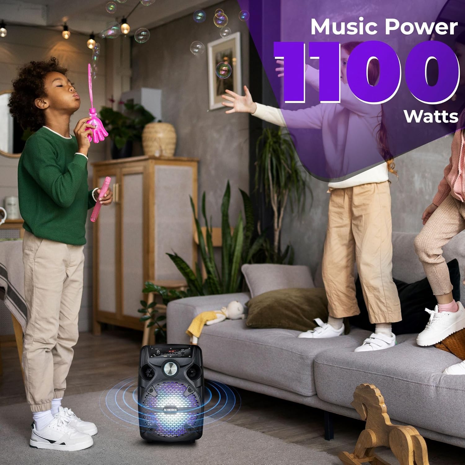 Audiobox ABX-82S Portable Bluetooth Party Speaker with Stand - 8" Woofer 1100W WaveSync™ Technology, LED Lights, USB/TF Card/FM, Loud Bluetooth Speaker PA System w/Wired Microphone & USB Cable, Black - Image 5