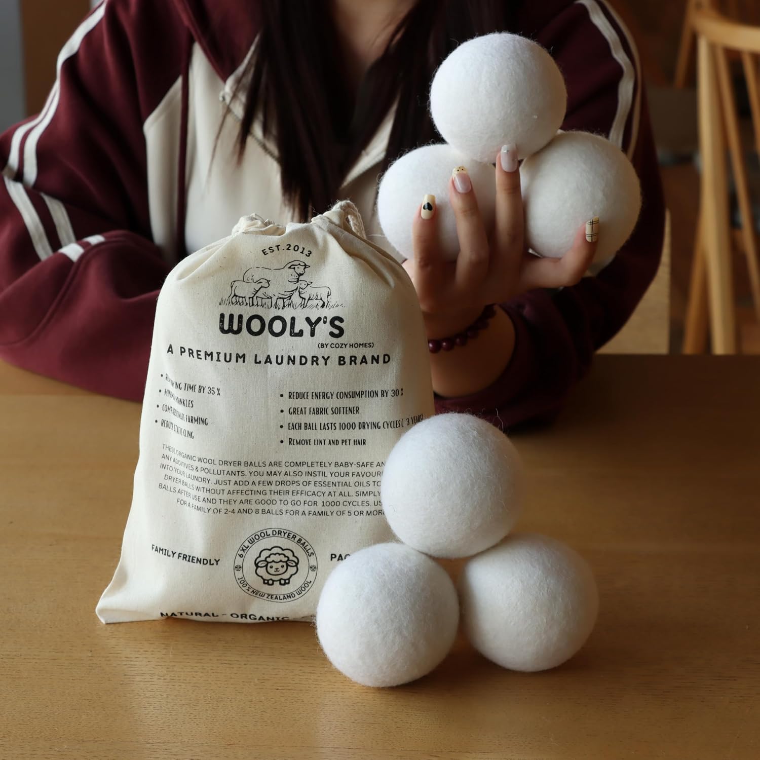 6-Pack Organic XL Wool Dryer Balls, Natural Fabric Softener, 1000 Drying Cycles, Replaces Dryer Sheets, Eliminates Wrinkles & Pet Hair & Static Cling, 45% Less Drying Time, 45% Less Energy, Baby-Safe