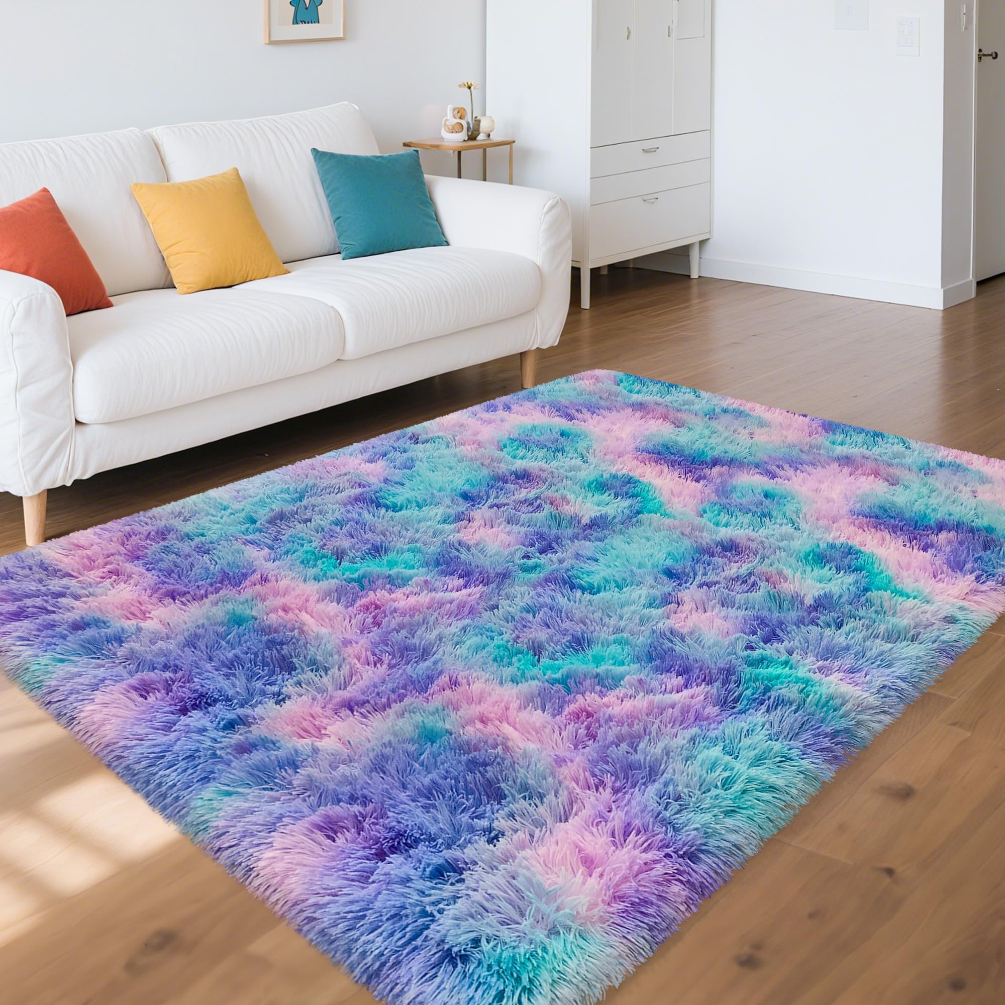 Moquette douce à poils longs pour chambre de filles, tapis pelucheux et coloré pour chambre de filles, tapis de jeu à poils longs pour chambre d'enfant, de bébés et de filles, 1,2 x 1,8 m,