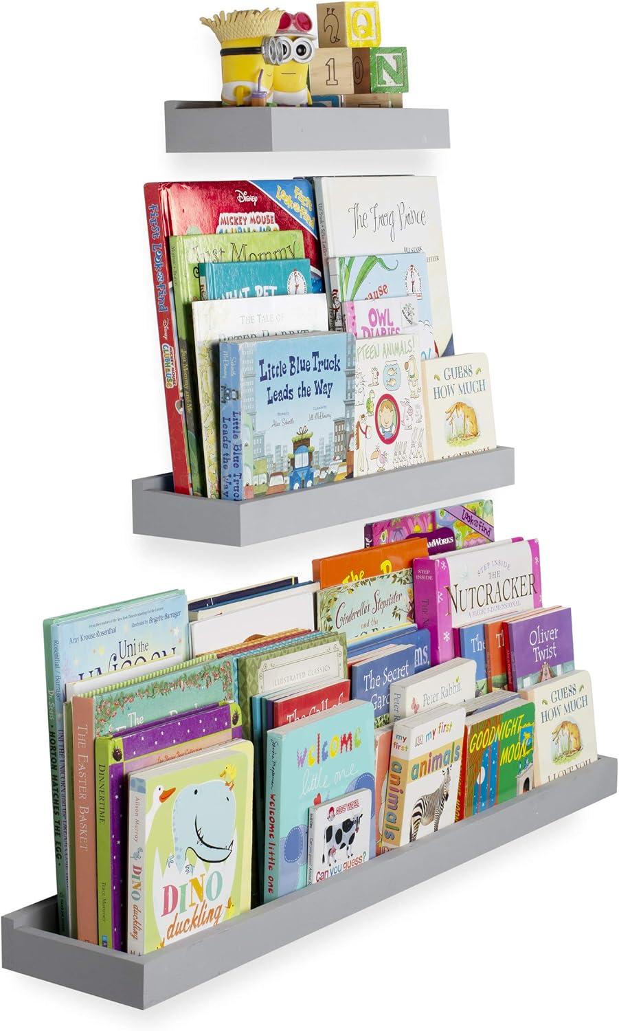 Wallniture Philly Floating Shelves for Wall, Wood Tray Kids' Bookshelf and Toy Storage Shelves Set of 3, Gray