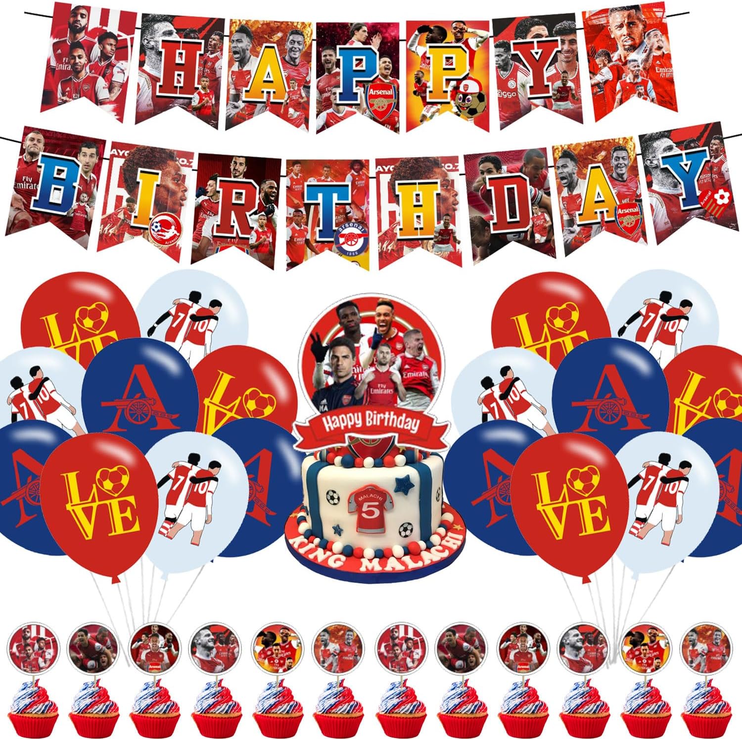 FC Soccer Star Saka Theme Party Supplies with Happy Birthday Banner, Cake Topper, Cupcake Toppers for Fans Adults Party Favors