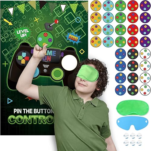 Miniatura 2 de Pin The Button on the Video Game Party Game 32 Calcomanías de botón de videojuegos, póster grande, decoración de fiesta de cumpleaños para niños