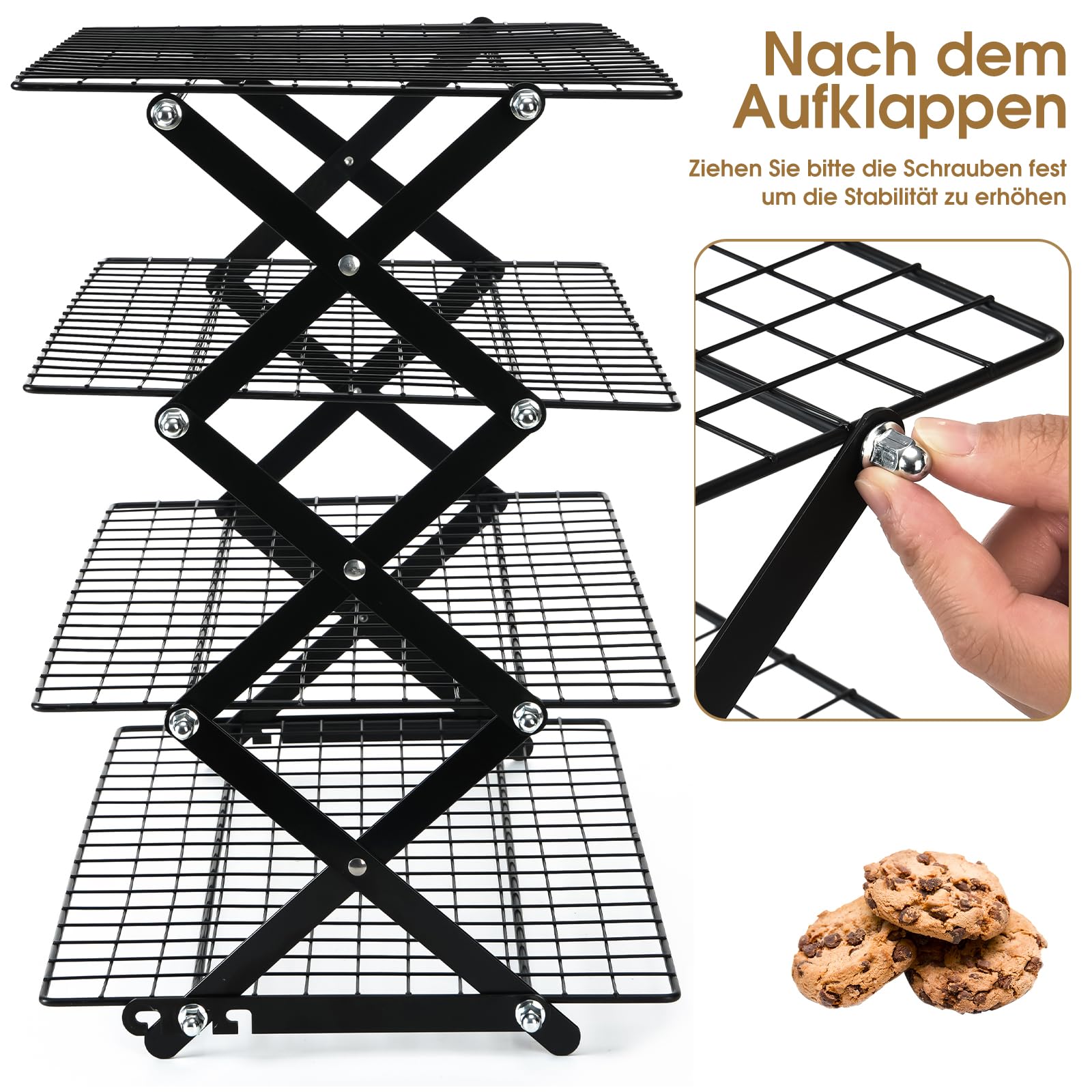 4-stöckiges zusammenklappbares Kühlregal, Antihaft-Abkühlgitter, Klappbares Kuchengitter, Platzsparendes Abkühlregal,Backkühlregal, Backutensilien für Muffins, Kekse, Pizza und Grillgut