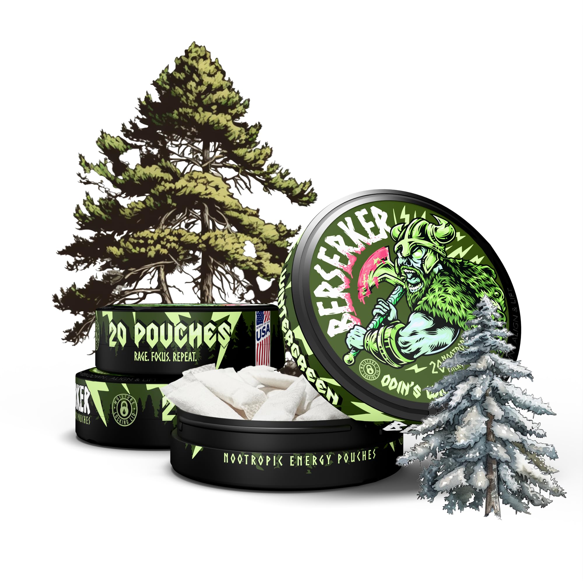 Berserker Focus Pouches - Odin's Wintergreen - Caffeine Infused - 100mg Per Pouch - Nootropic Enhanced - 3 Pack - Tobacco & Nicotine Free - Energy Drink Replacement