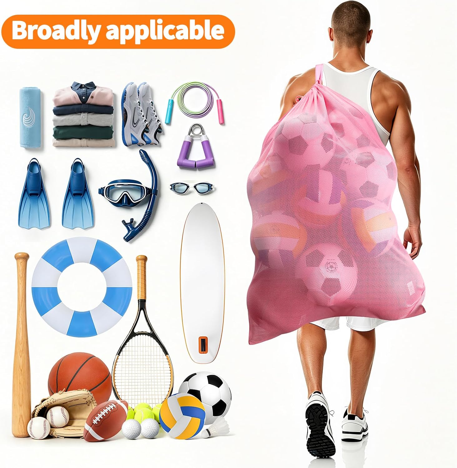 NATURAL STYLE Heavy Duty Large Mesh Sports Ball Bag, 40" x 30" Drawstring Soccer Bag with Adjustable Shoulder Strap, Sports Equipment Bag for Basketball Football Volleyball Gym Swimming Gears