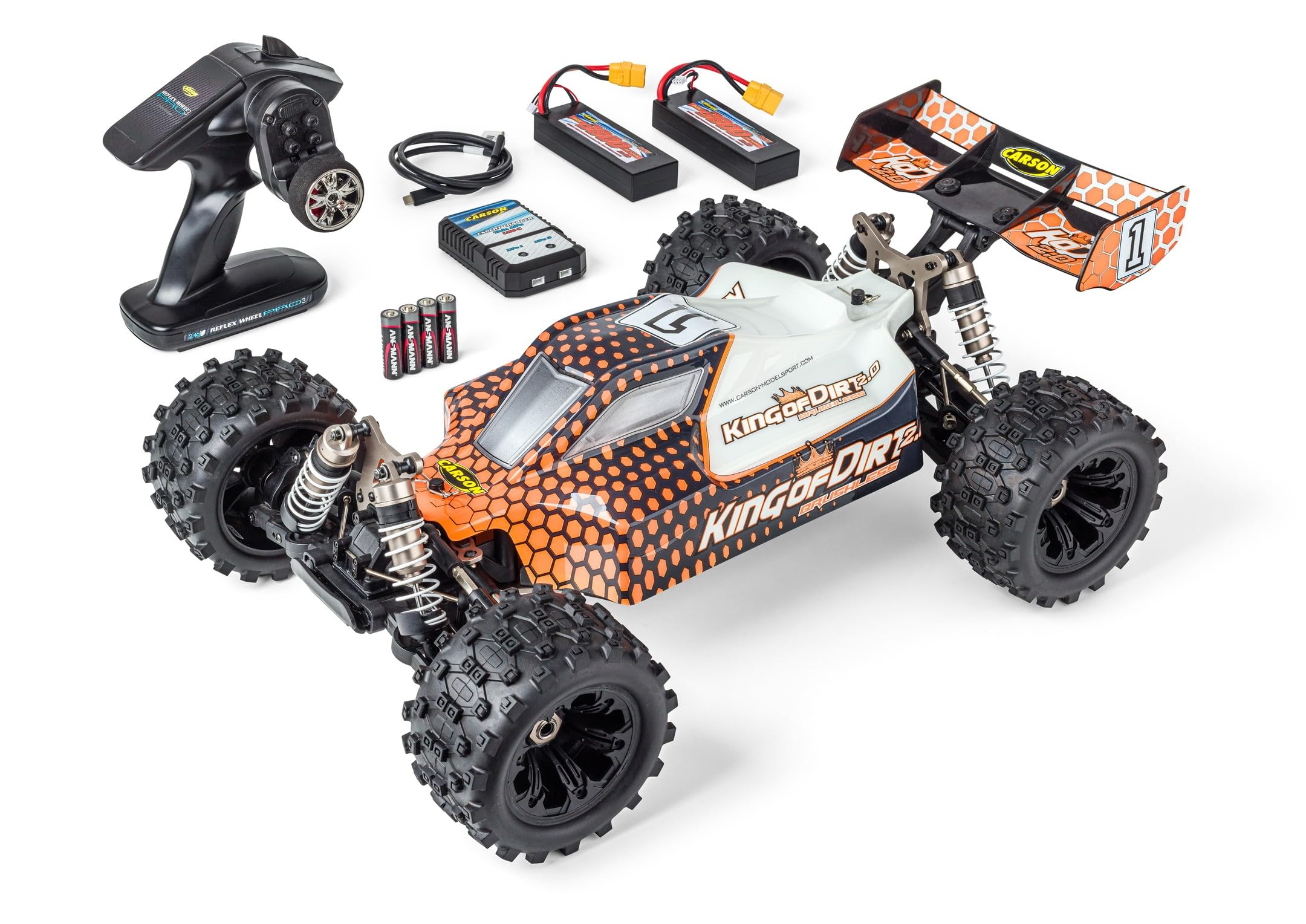 Carson 500409094 1:8 King of Dirt 2.0 100% RTR orange - RC Buggy, ferngesteuertes Auto, Offroad, hochwertig, RC Fahrzeug, RC Auto 75 km/h, RC Modellbau, Brushless Motor