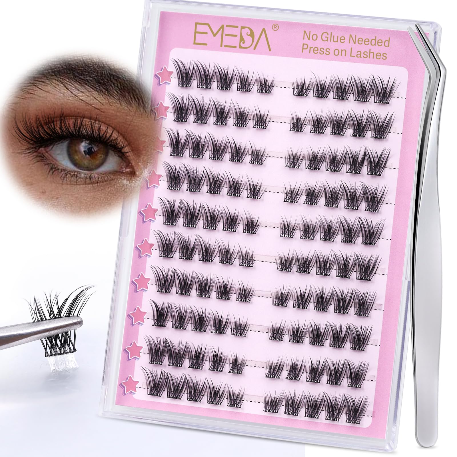 EMEDA ciglia autoadesive naturale, kit ciglia a grappolo senza colla 120pcs Ciglia naturali a pressione, DIY Ciglia a grappolo preincollate con pinzetta Ciglia da gatto preincollate (Cat eye02)